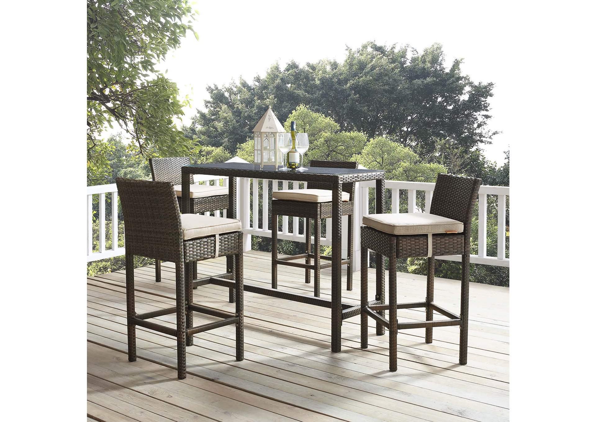 Brown Beige Conduit Bar Stool Outdoor Patio Wicker Rattan [Set of 4],Modway