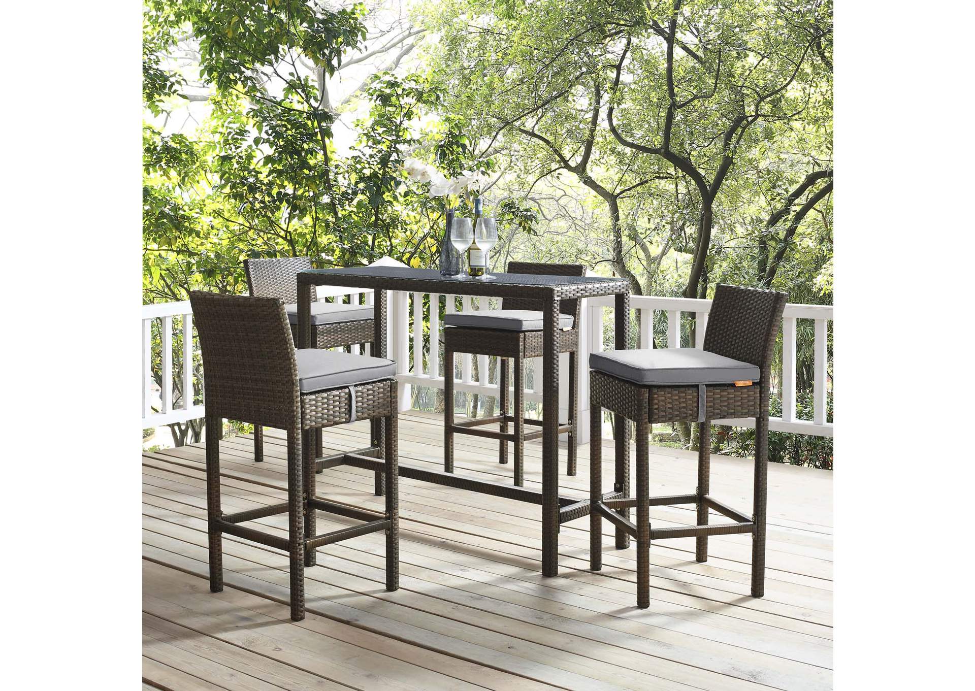Brown Gray Conduit Bar Stool Outdoor Patio Wicker Rattan [Set of 4],Modway