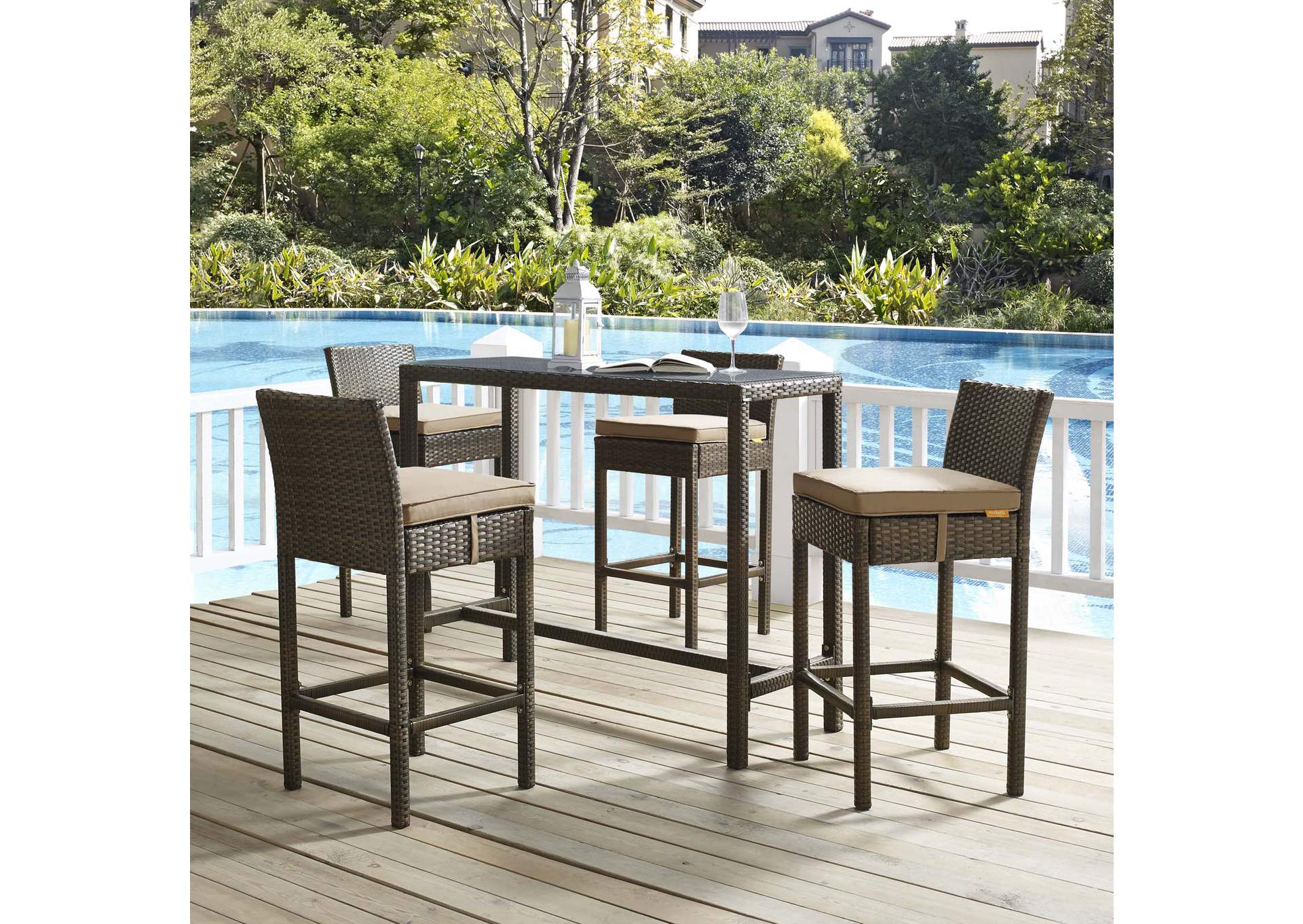 Brown Mocha Conduit Bar Stool Outdoor Patio Wicker Rattan [Set of 4],Modway