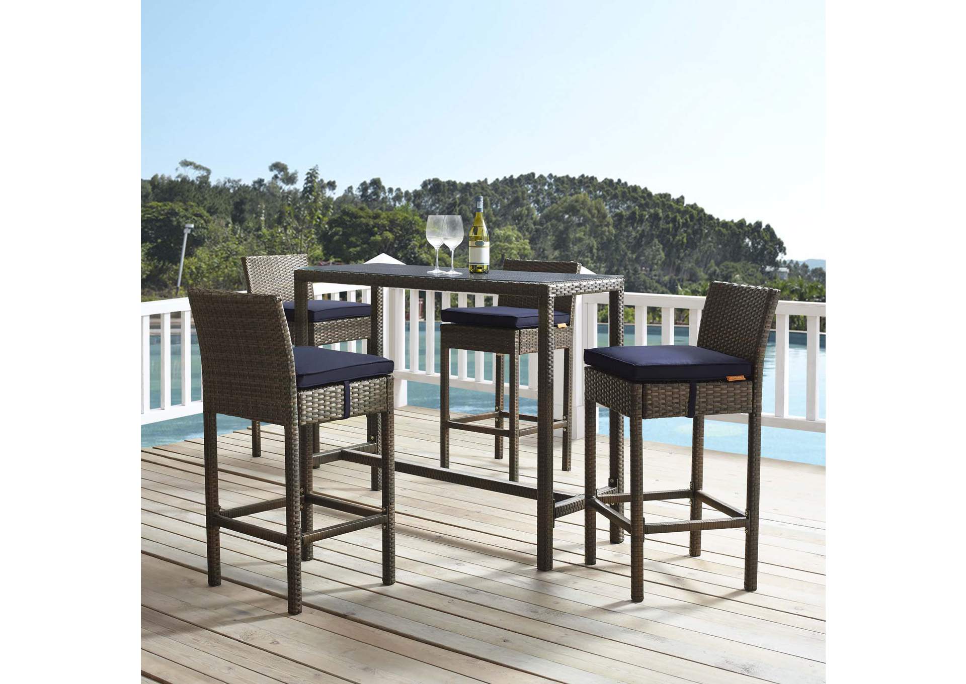 Brown Navy Conduit Bar Stool Outdoor Patio Wicker Rattan [Set of 4],Modway