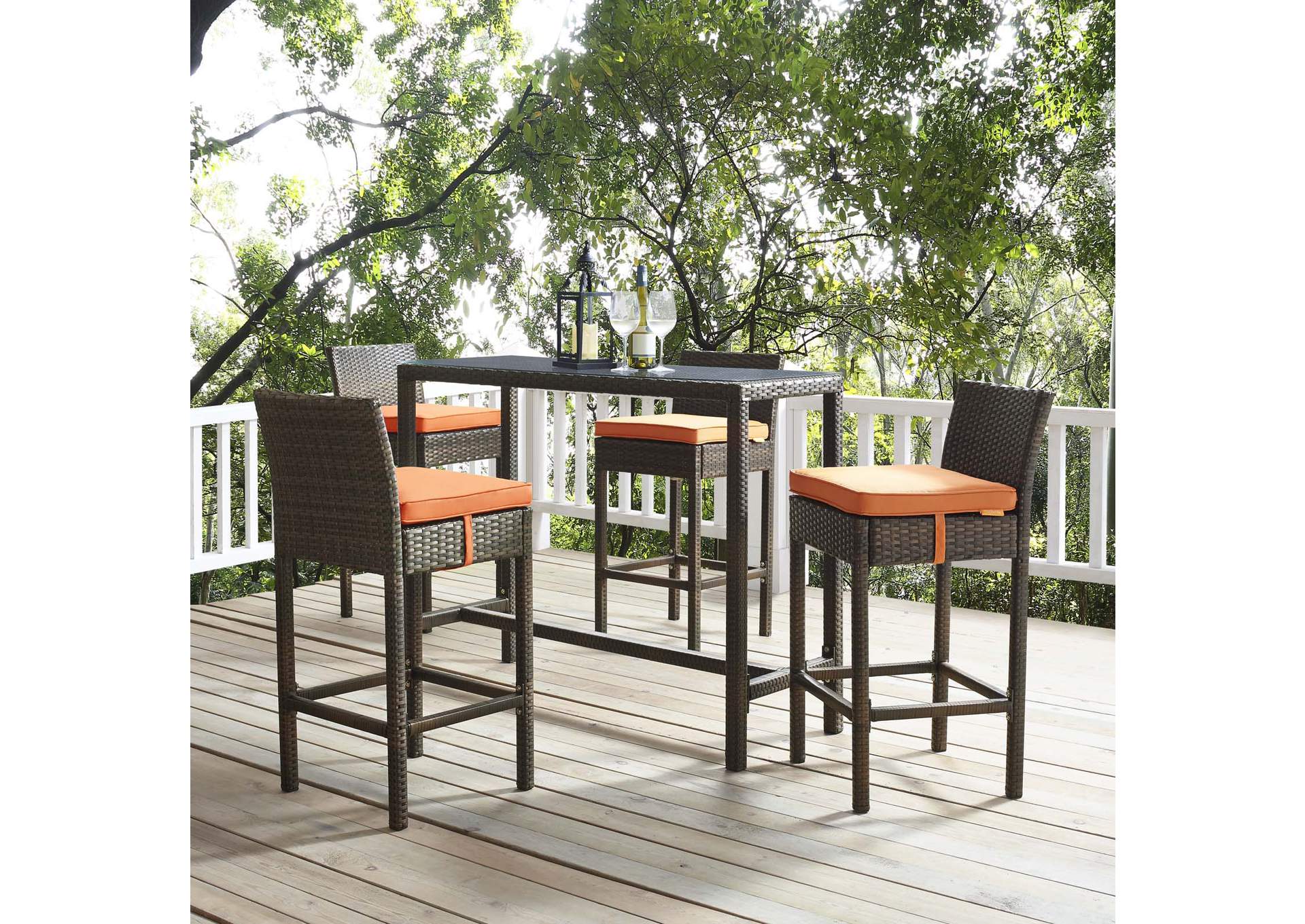 Brown Orange Conduit Bar Stool Outdoor Patio Wicker Rattan [Set of 4],Modway