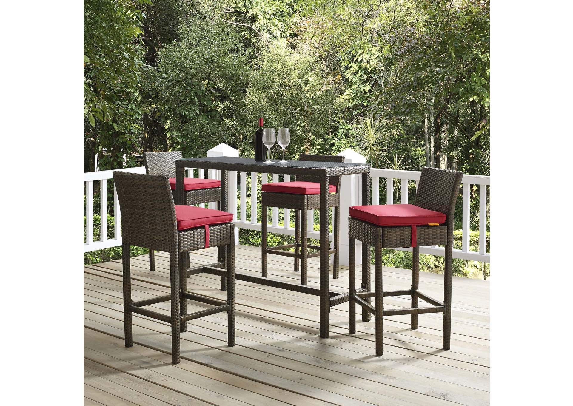 Brown Red Conduit Bar Stool Outdoor Patio Wicker Rattan [Set of 4],Modway
