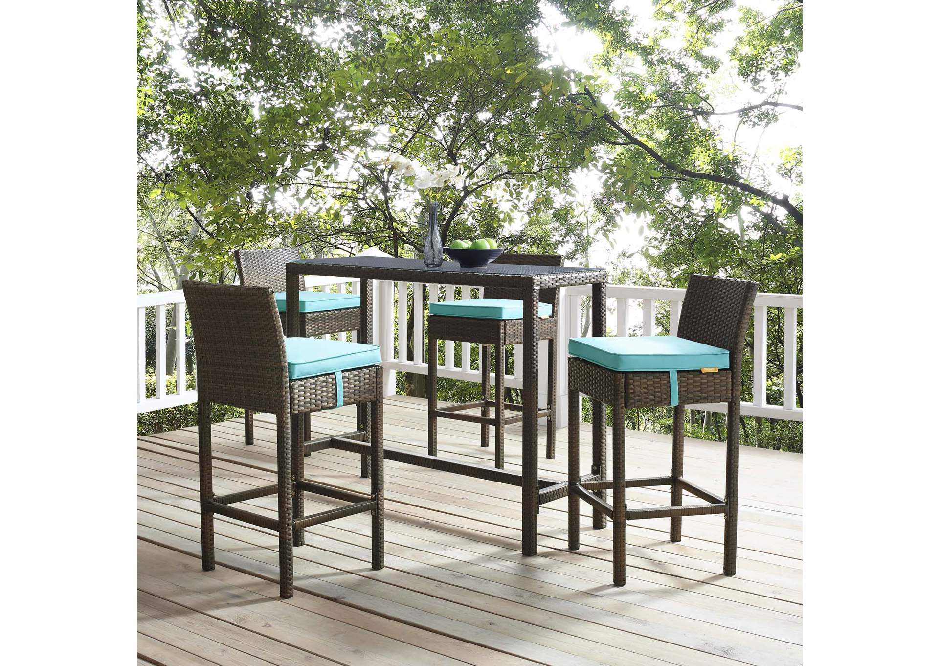 Conduit Brown Turquoise Bar Stool Outdoor Patio Wicker Rattan [Set of 4],Modway