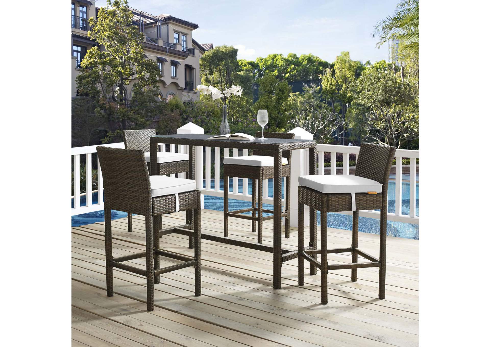 Brown White Conduit Bar Stool Outdoor Patio Wicker Rattan [Set of 4],Modway