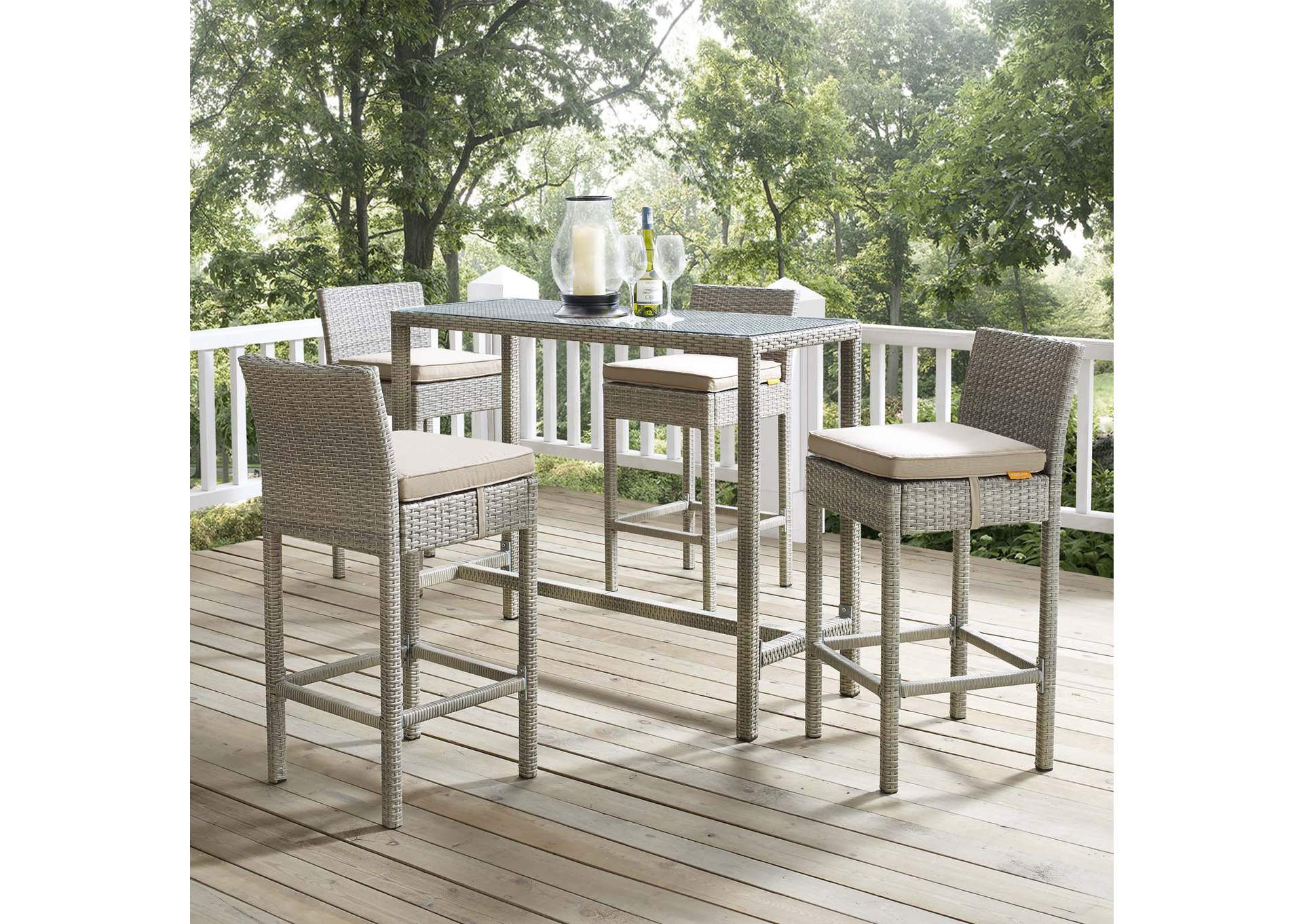 Light Gray Beige Conduit Bar Stool Outdoor Patio Wicker Rattan [Set of 4],Modway