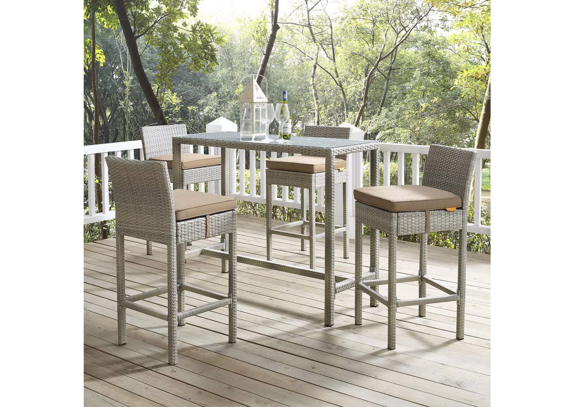 Light Gray Mocha Conduit Bar Stool Outdoor Patio Wicker Rattan [Set of 4],Modway