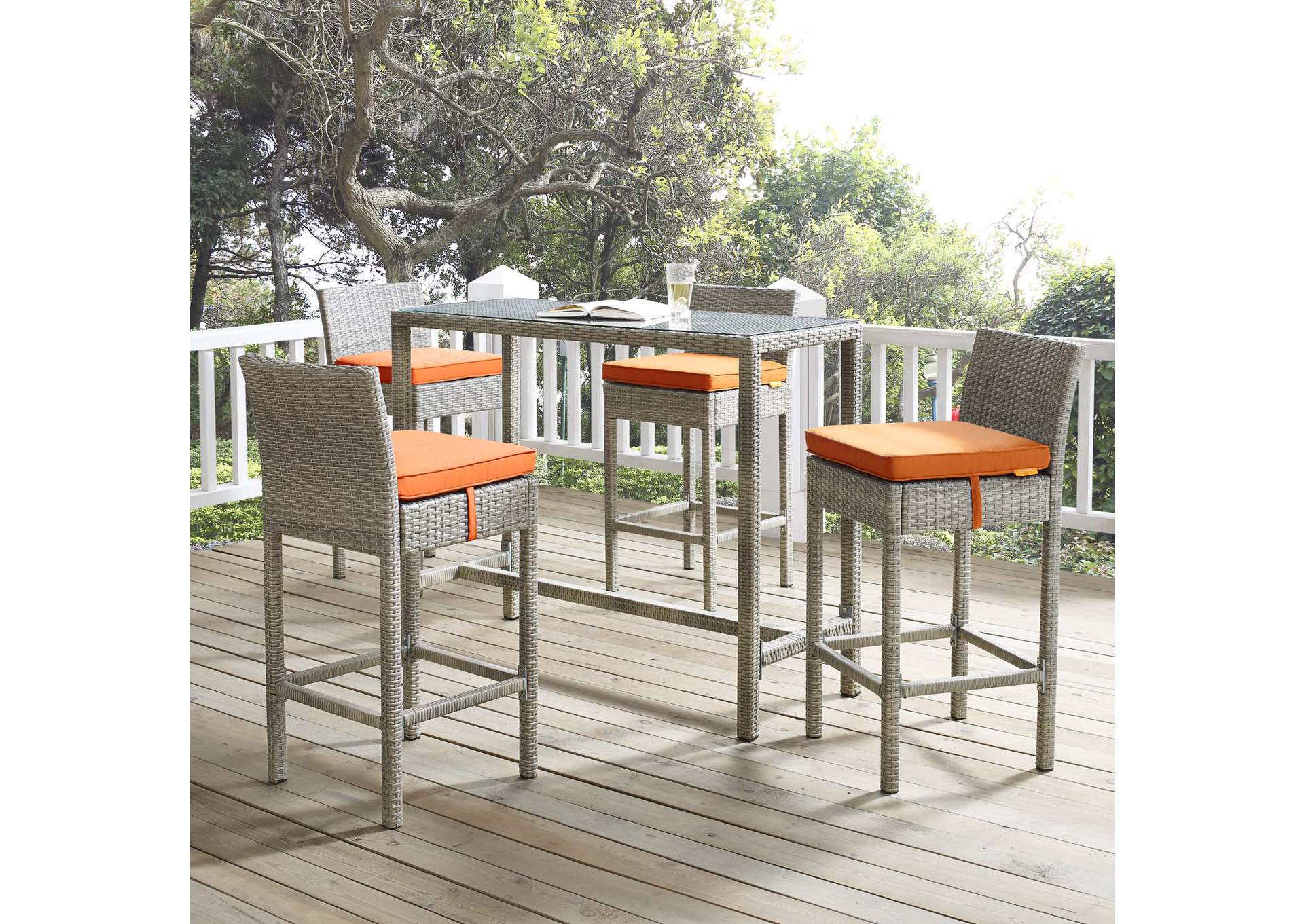 Light Gray Orange Conduit Bar Stool Outdoor Patio Wicker Rattan [Set of 4],Modway