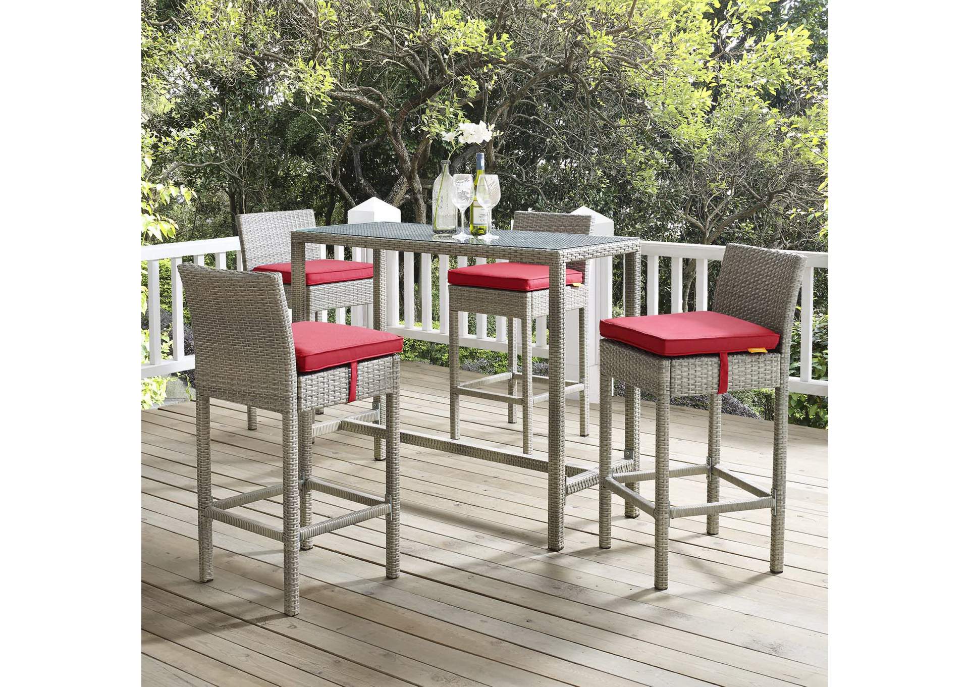 Light Gray Red Conduit Bar Stool Outdoor Patio Wicker Rattan [Set of 4],Modway
