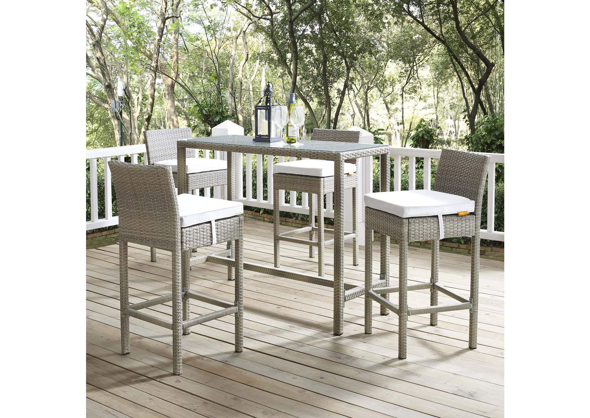 Light Gray White Conduit Bar Stool Outdoor Patio Wicker Rattan [Set of 4],Modway