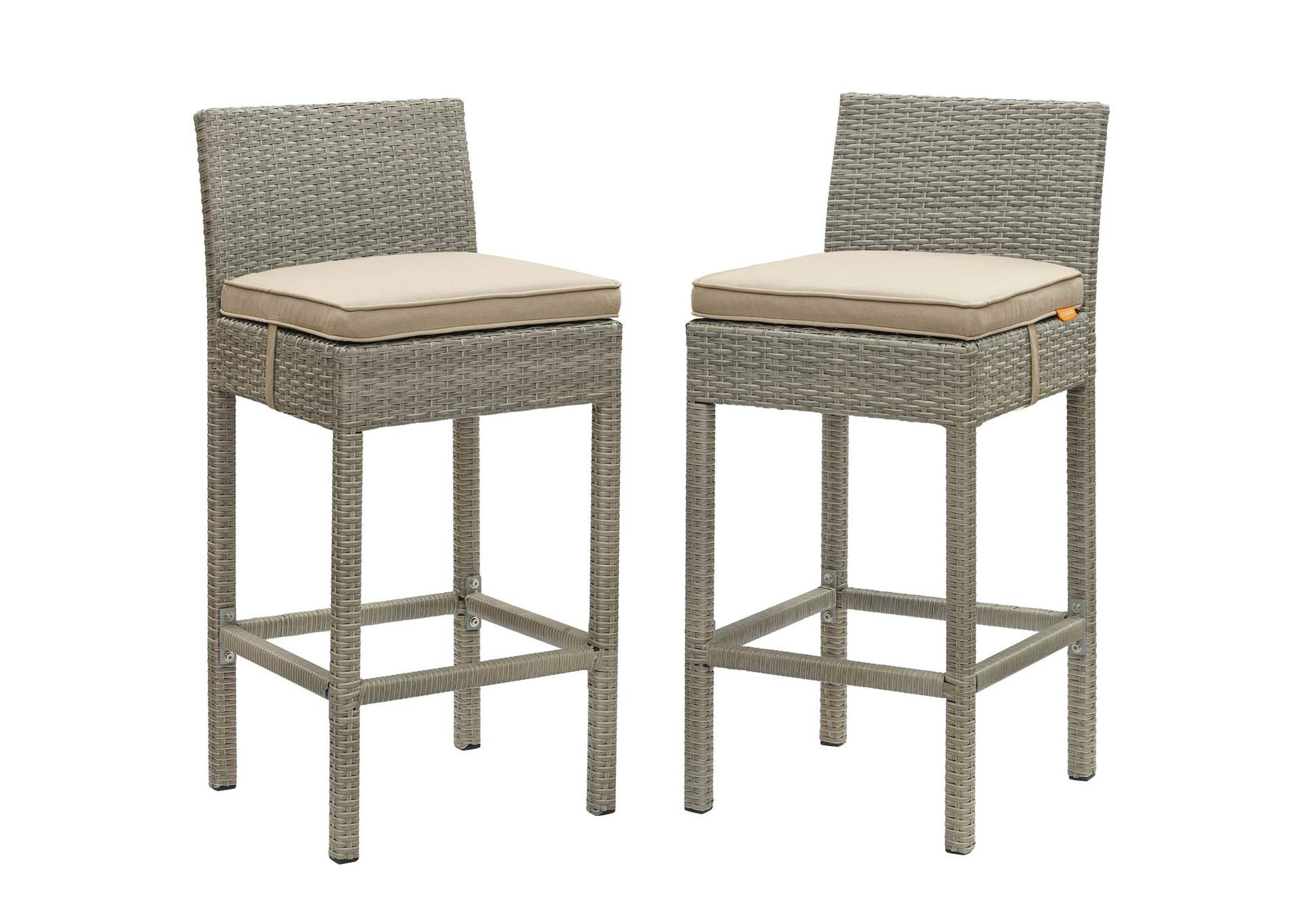 Light Gray Beige Conduit Bar Stool Outdoor Patio Wicker Rattan [Set of 2],Modway