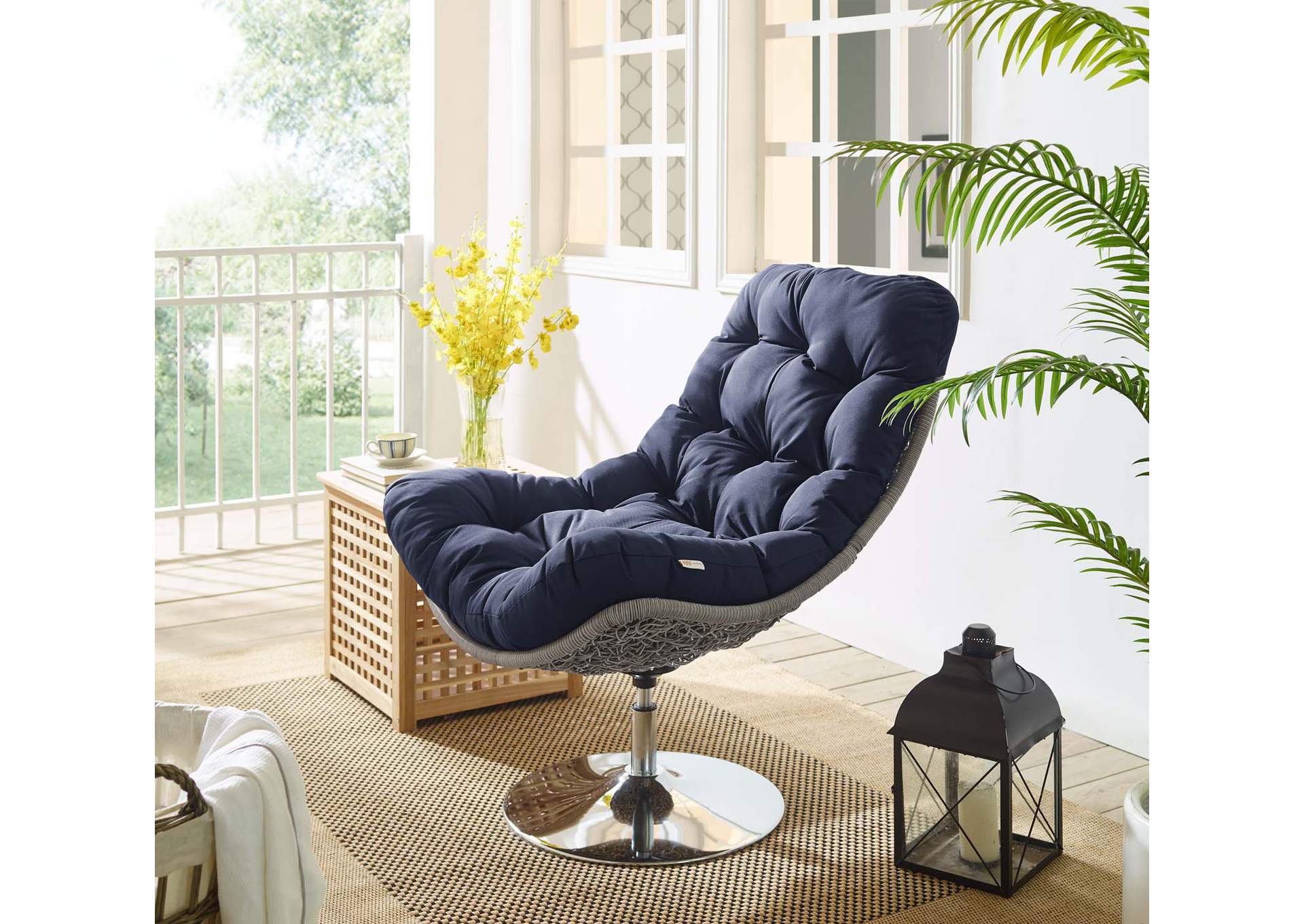 Light Gray Navy Brighton Wicker Rattan Outdoor Patio Swivel Lounge Chair,Modway