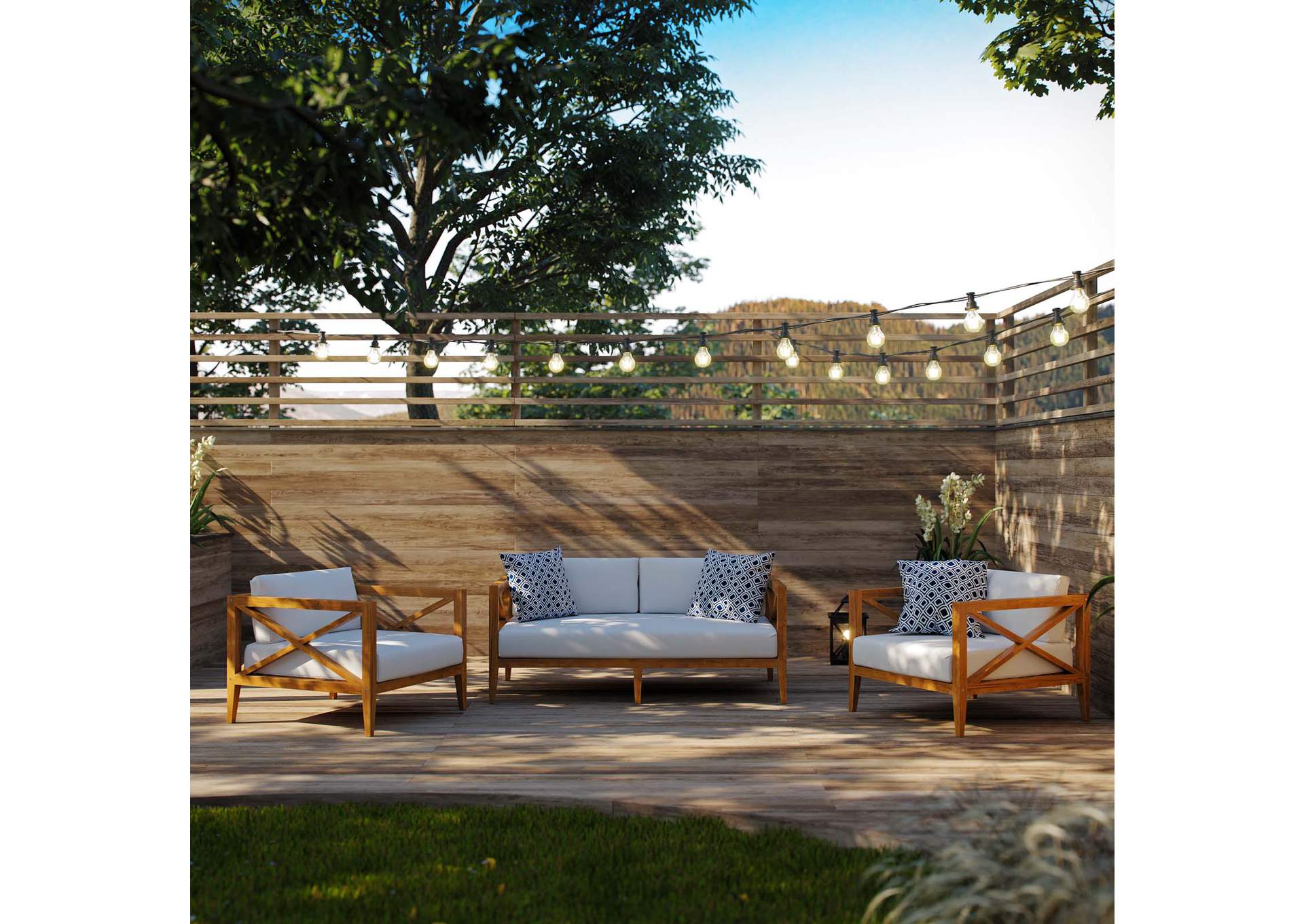 Natural White Northlake 3 Piece Outdoor Patio Premium Grade A Teak Wood Set,Modway