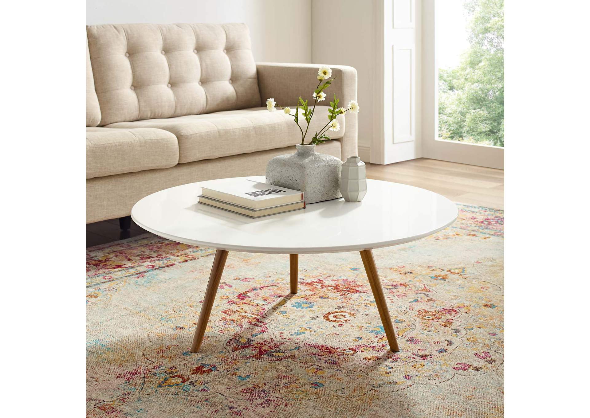 Walnut White Lippa 36" Round Wood Top Coffee Table with Tripod Base,Modway
