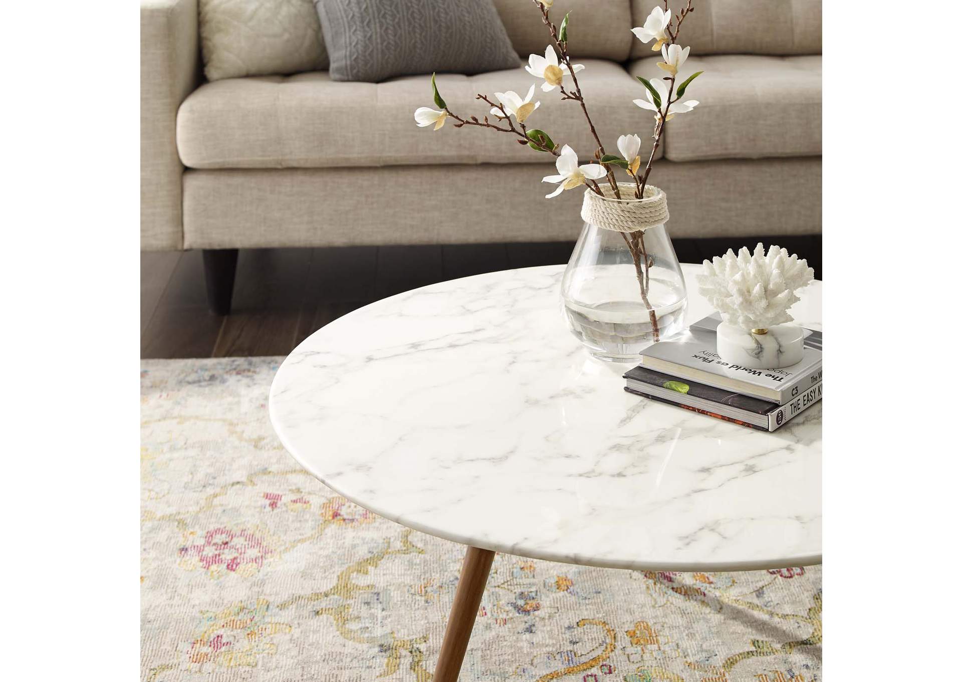 Walnut White Lippa 36" Round Artificial Marble Coffee Table with Tripod Base,Modway