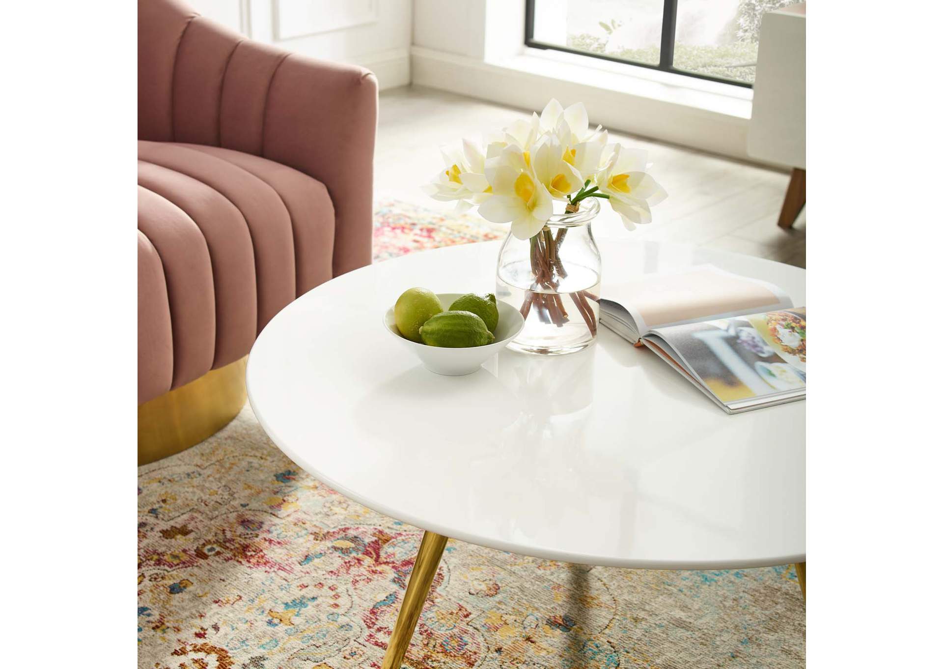 Gold White Lippa 36" Round Wood Top Coffee Table with Tripod Base,Modway