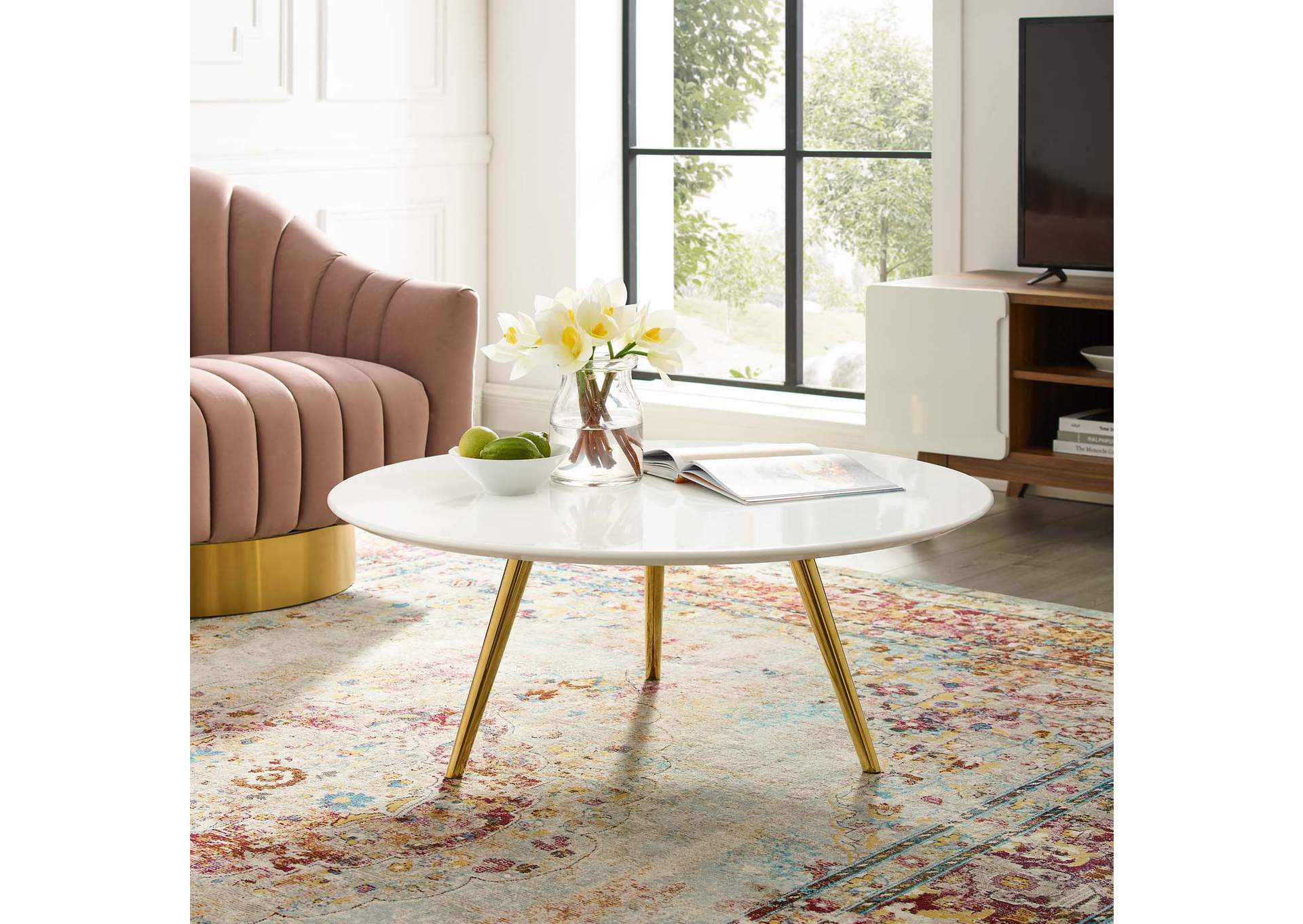 Gold White Lippa 36" Round Wood Top Coffee Table with Tripod Base,Modway