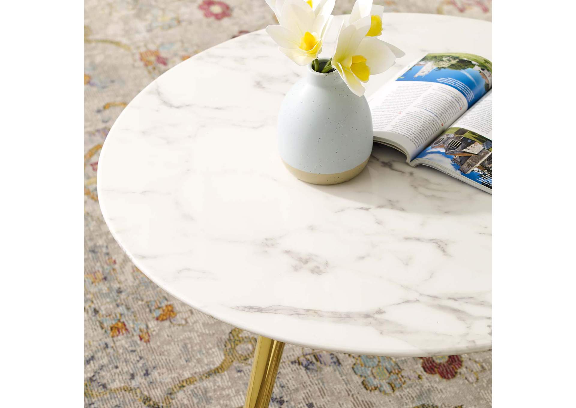 Gold White Lippa 28" Round Artificial Marble Coffee Table with Tripod Base,Modway