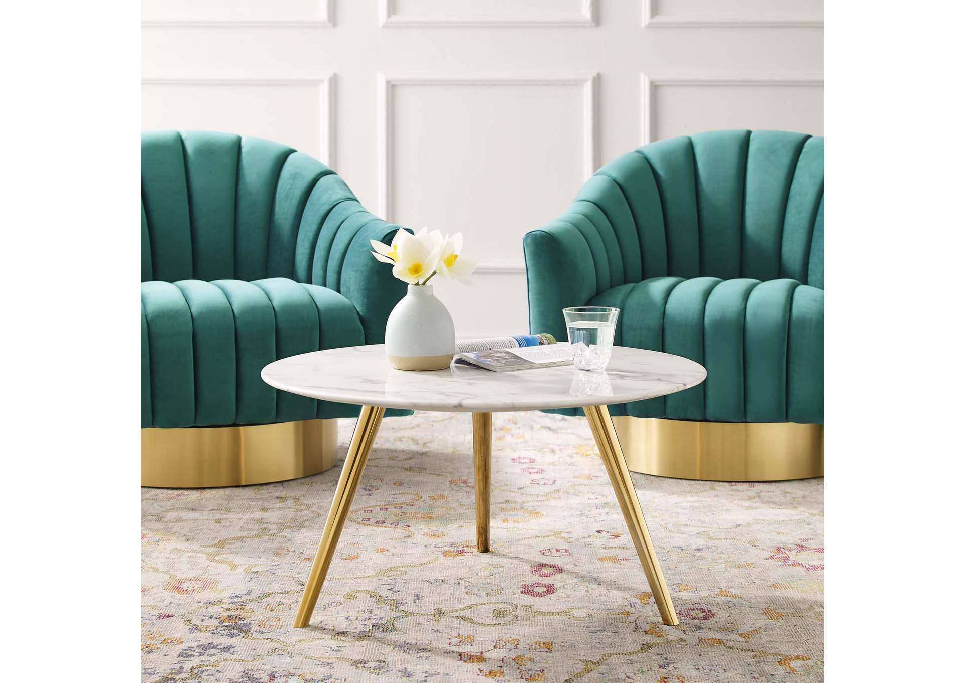Gold White Lippa 28" Round Artificial Marble Coffee Table with Tripod Base,Modway