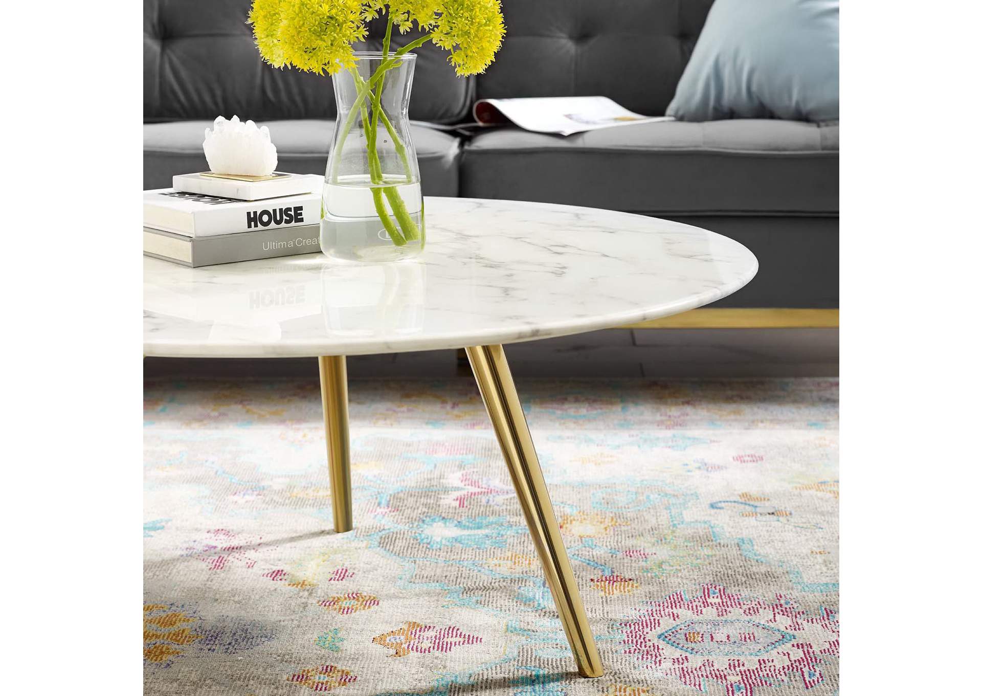 Gold White Lippa 36" Round Artificial Marble Coffee Table with Tripod Base,Modway