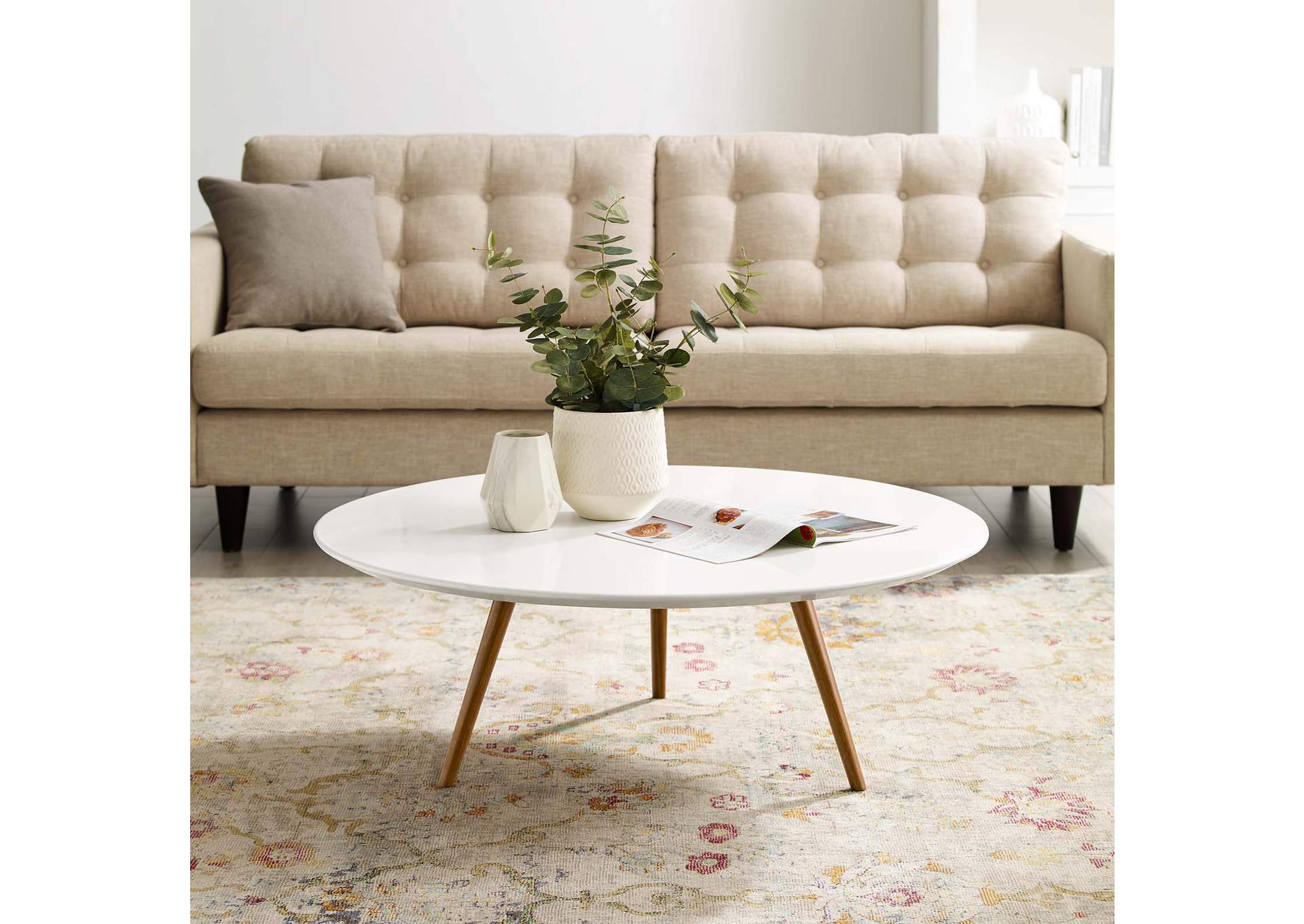 Walnut White Lippa 40" Round Wood Top Coffee Table with Tripod Base,Modway