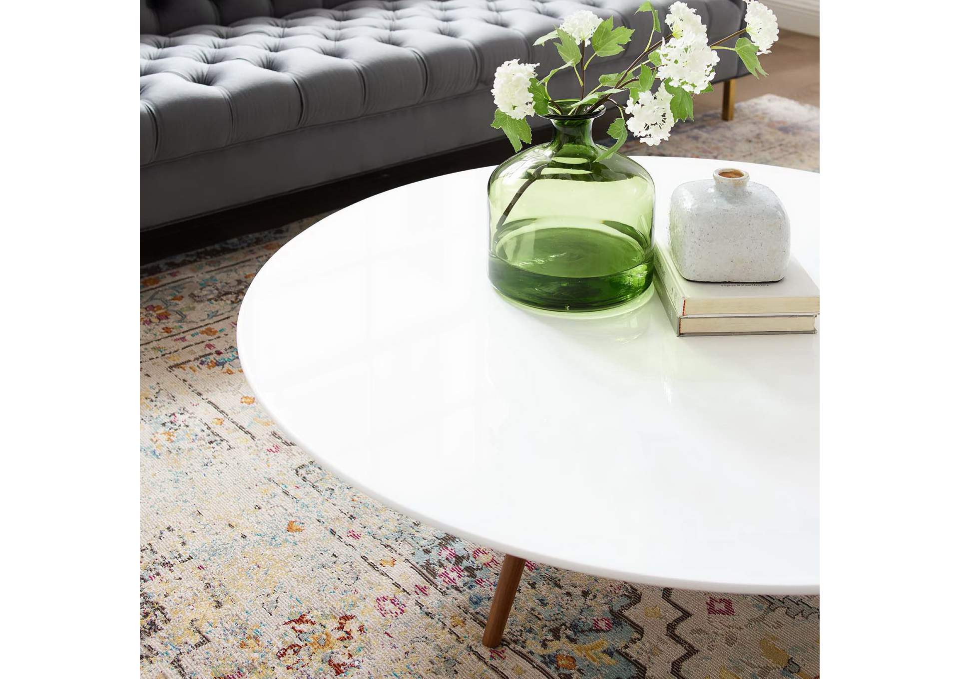 Walnut White Lippa 47" Round Wood Top Coffee Table with Tripod Base,Modway
