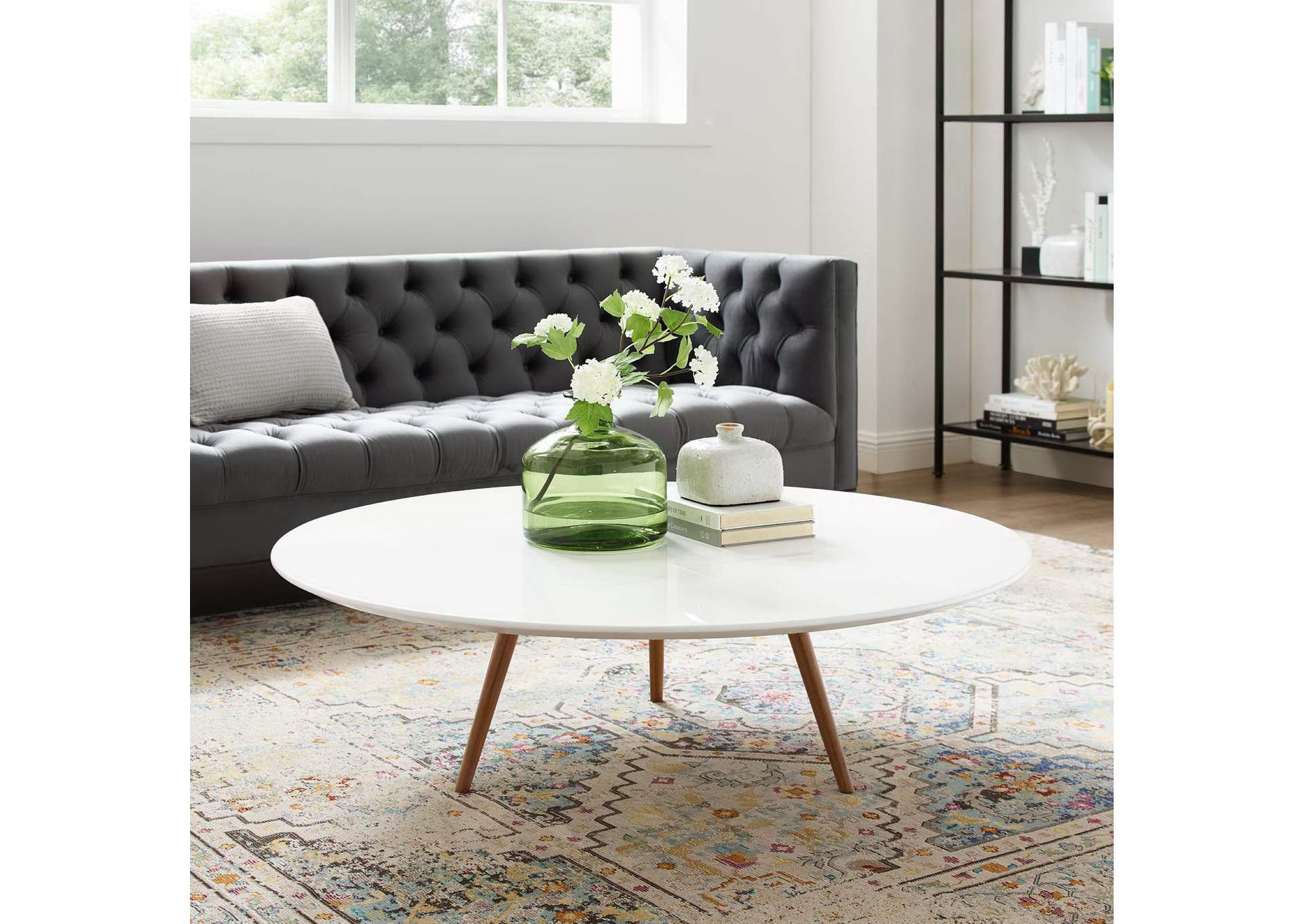 Walnut White Lippa 47" Round Wood Top Coffee Table with Tripod Base,Modway