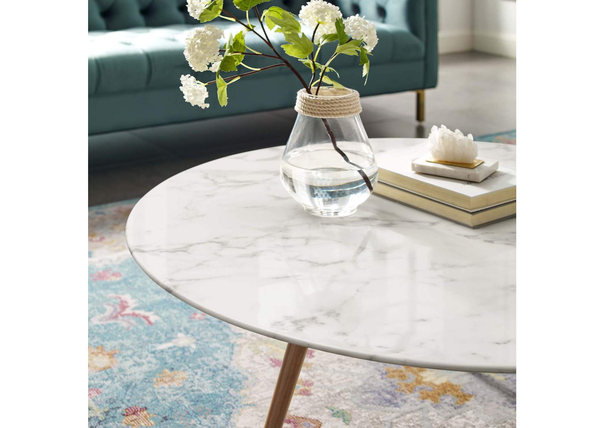 Walnut White Lippa 40" Round Artificial Marble Coffee Table with Tripod Base,Modway