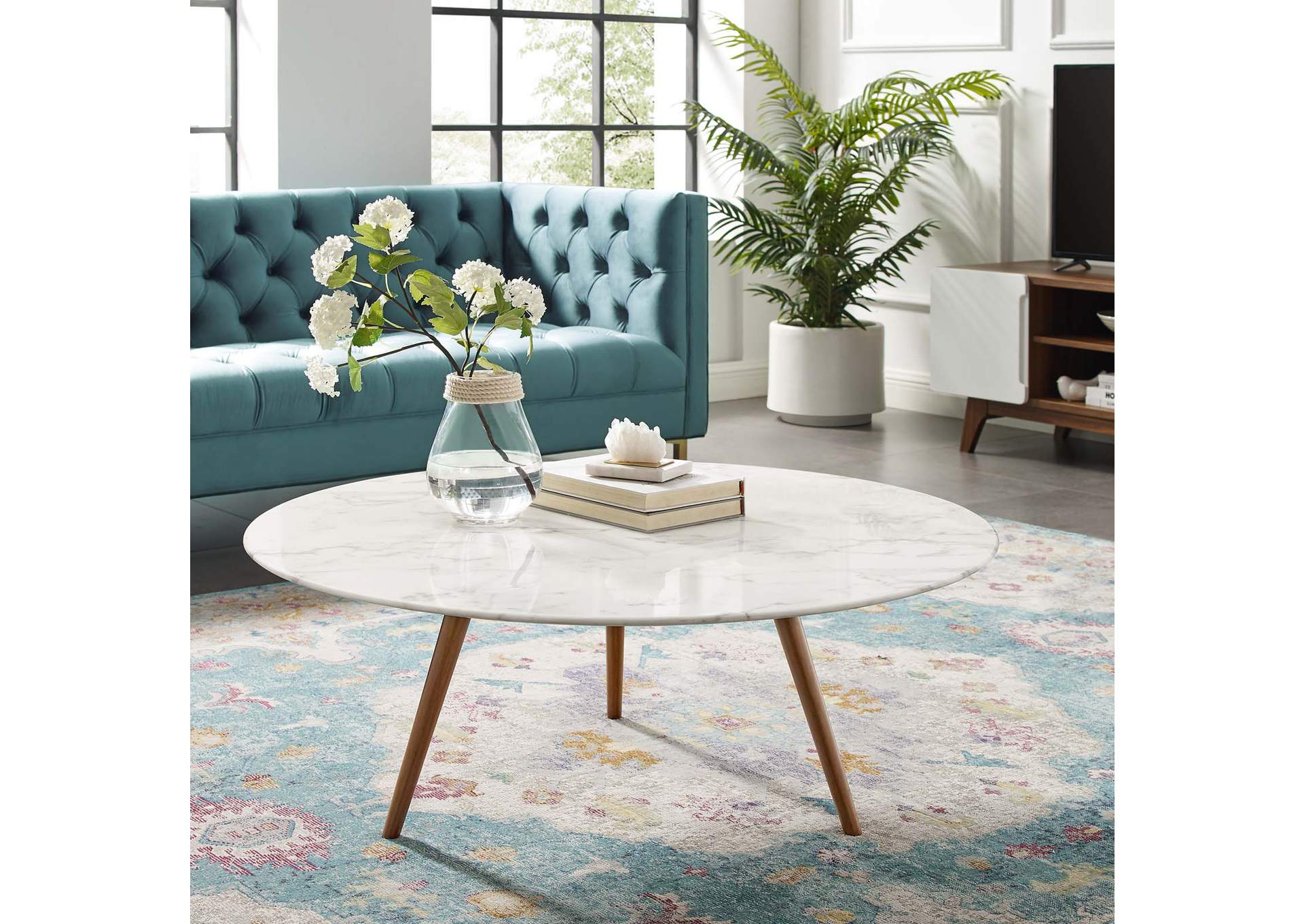Walnut White Lippa 40" Round Artificial Marble Coffee Table with Tripod Base,Modway