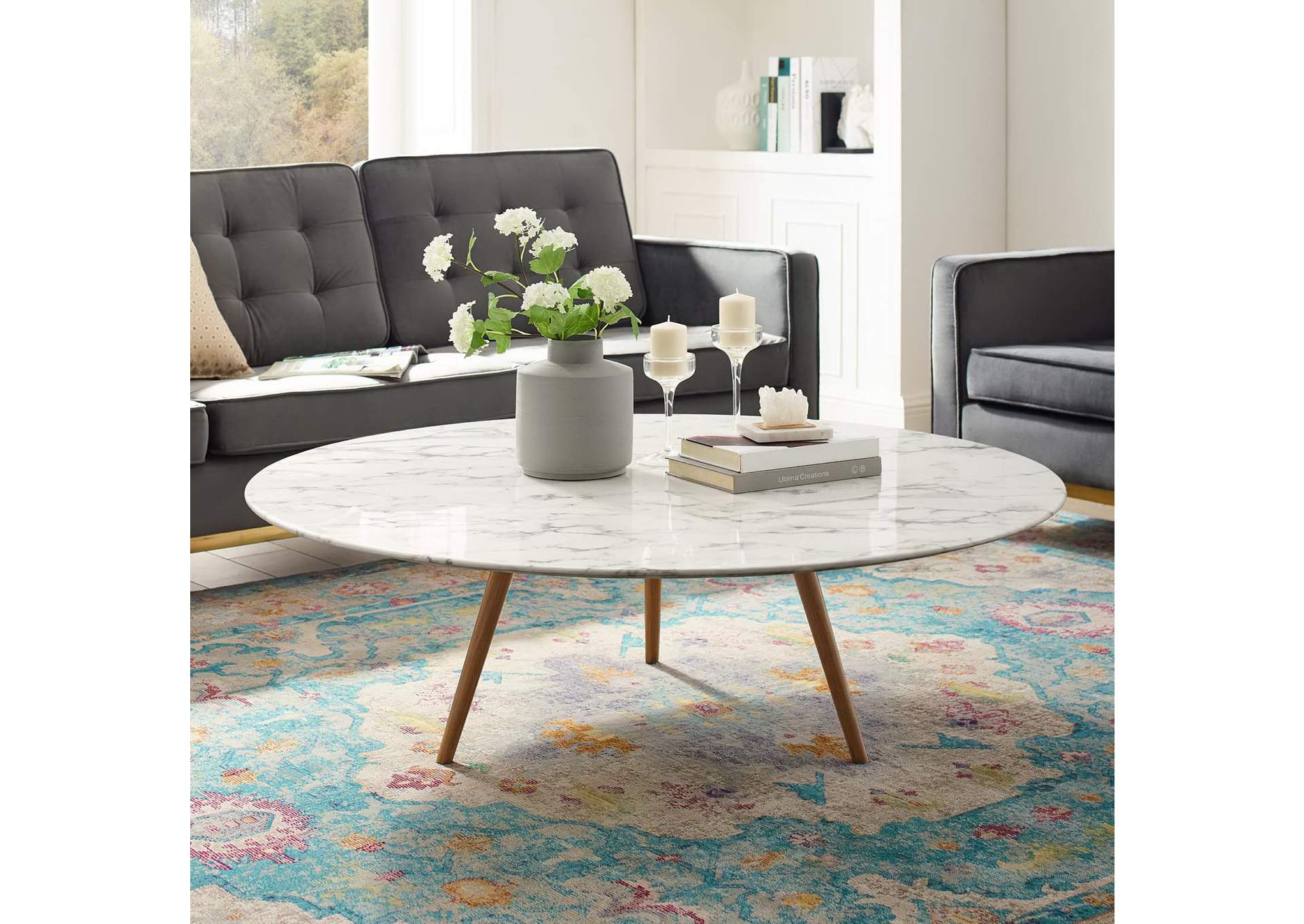 Walnut White Lippa 47" Round Artificial Marble Coffee Table with Tripod Base,Modway