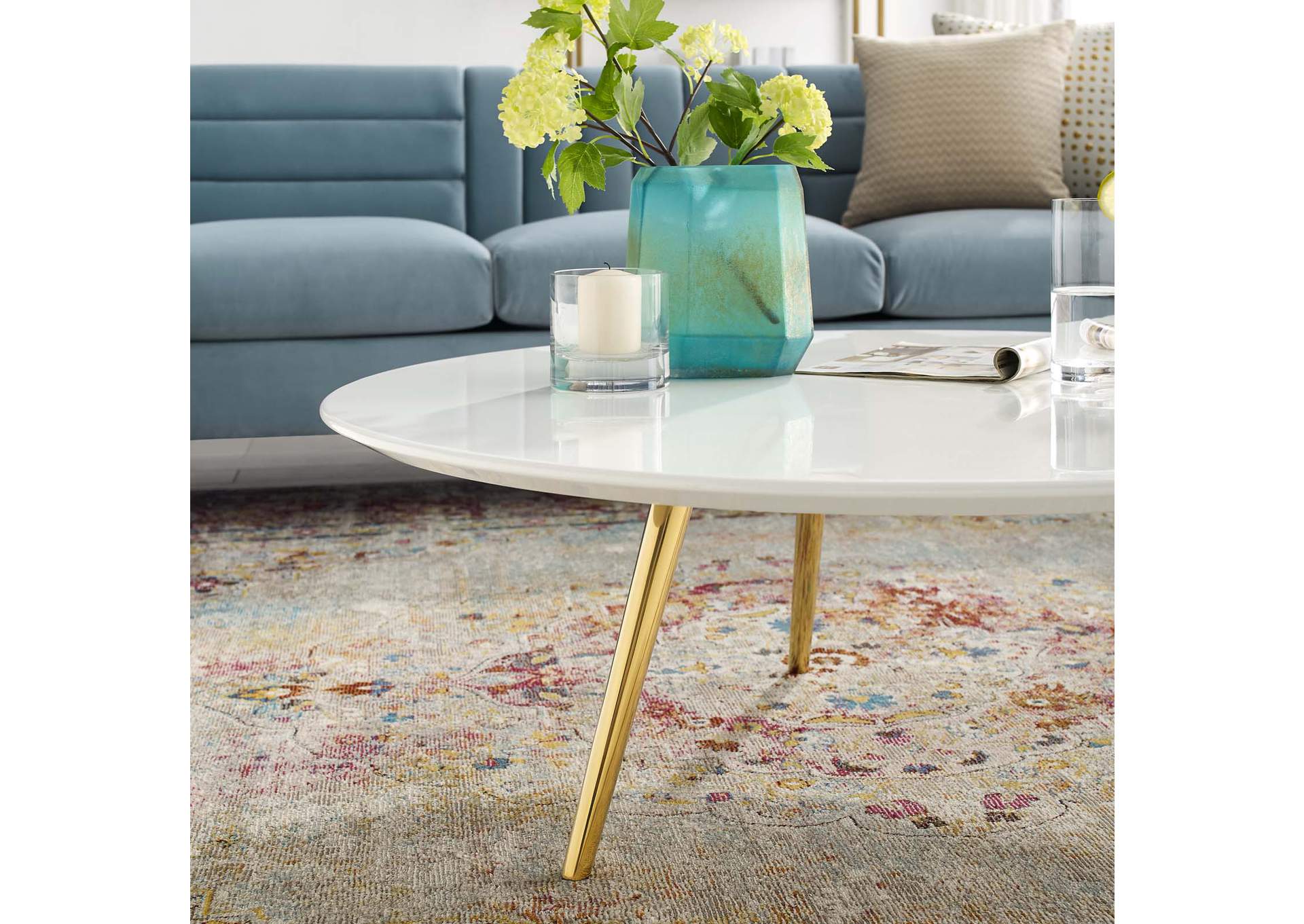 Gold White Lippa 40" Round Wood Top Coffee Table with Tripod Base,Modway