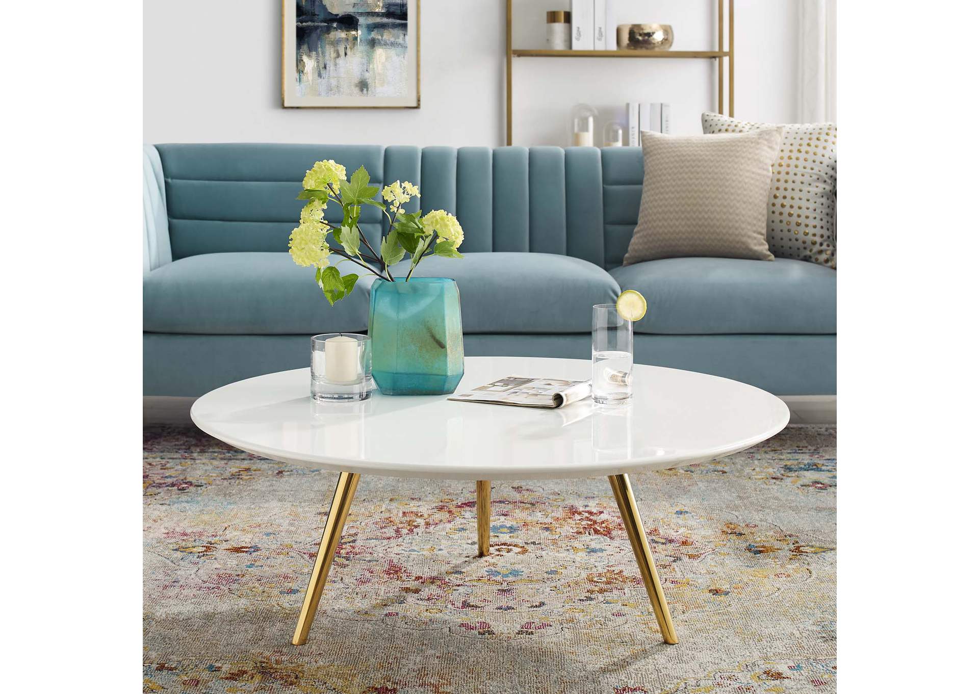 Gold White Lippa 40" Round Wood Top Coffee Table with Tripod Base,Modway