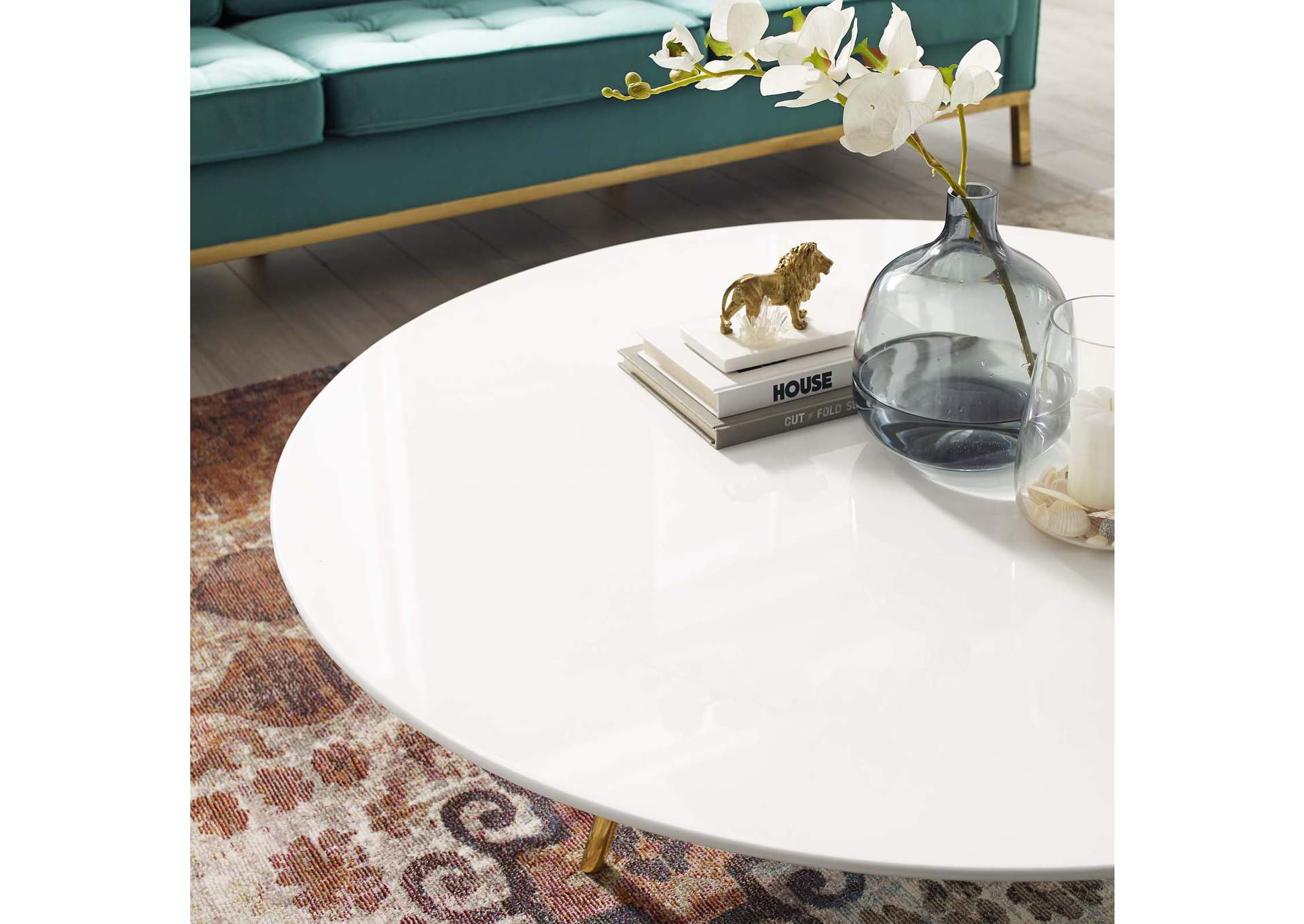 Gold White Lippa 47" Round Wood Top Coffee Table with Tripod Base,Modway