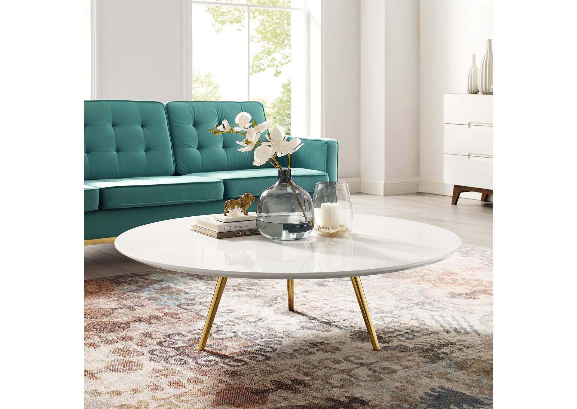 Gold White Lippa 47" Round Wood Top Coffee Table with Tripod Base,Modway