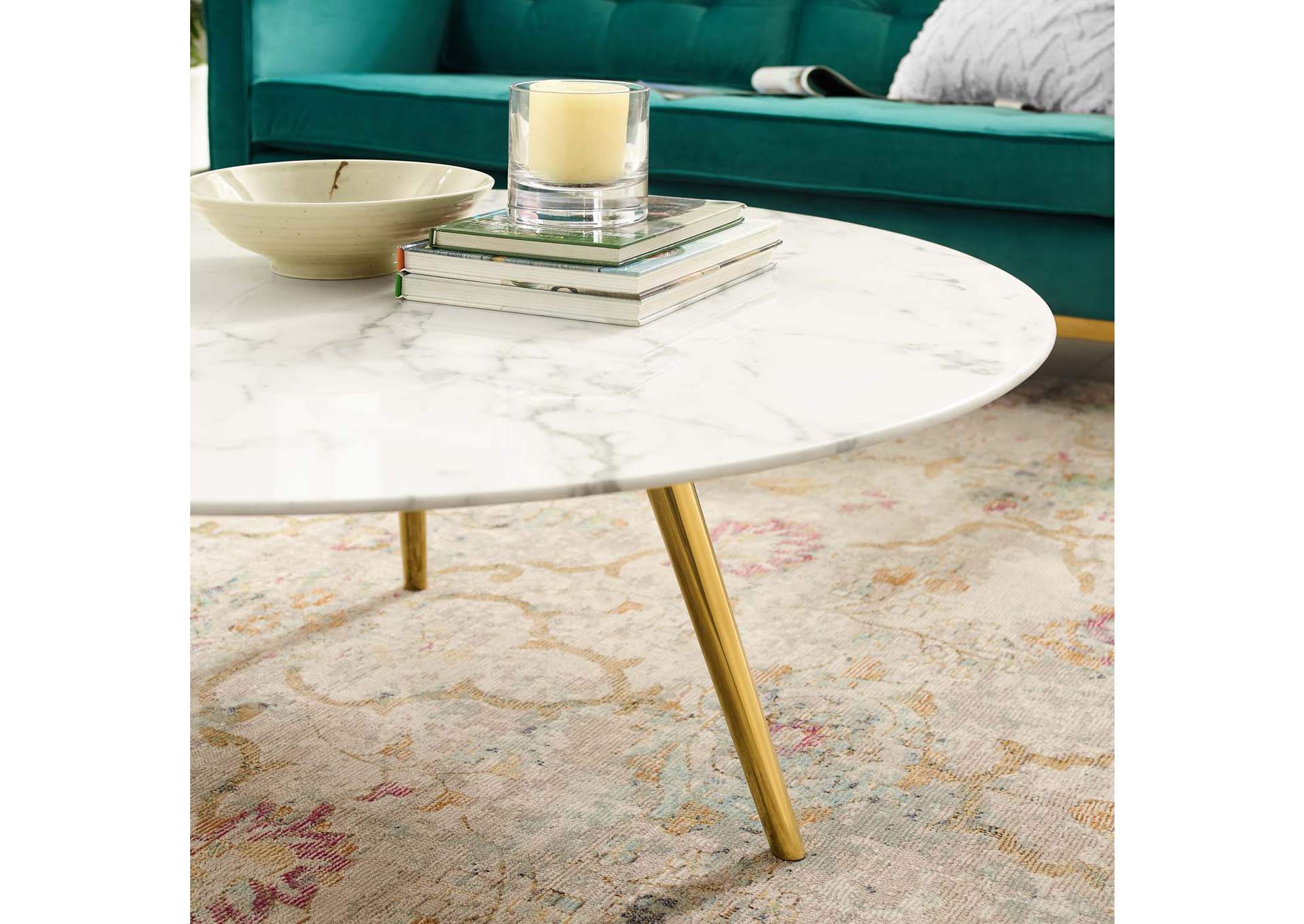 Gold White Lippa 40" Round Artificial Marble Coffee Table with Tripod Base,Modway