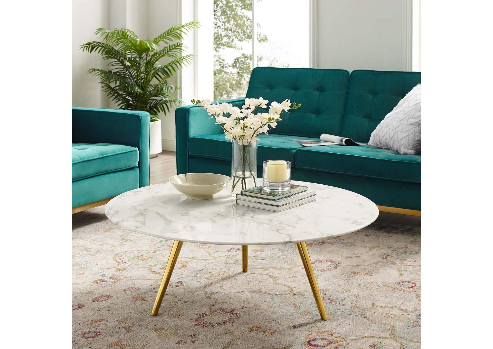 Gold White Lippa 40" Round Artificial Marble Coffee Table with Tripod Base,Modway