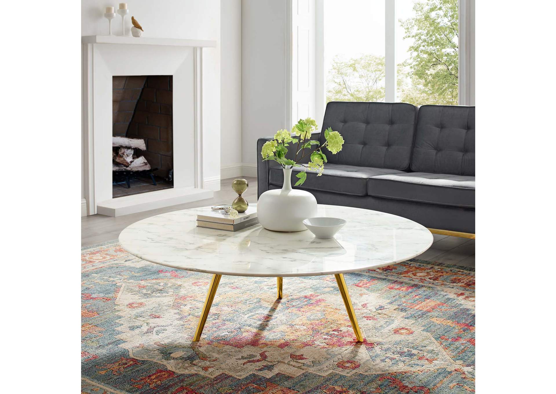 Gold White Lippa 47" Round Artificial Marble Coffee Table with Tripod Base,Modway