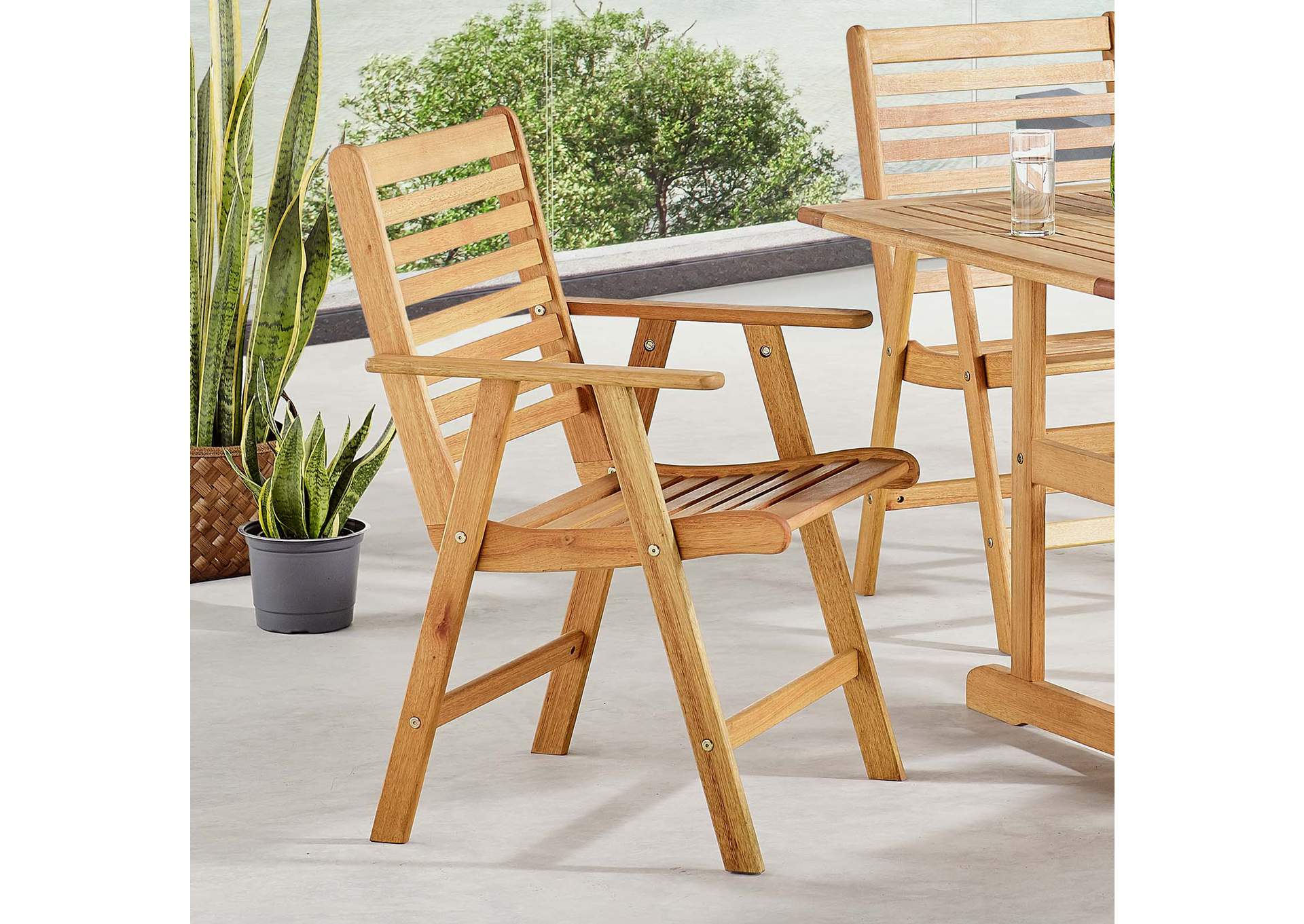 Natural Hatteras Outdoor Patio Eucalyptus Wood Arm Dining Chair,Modway