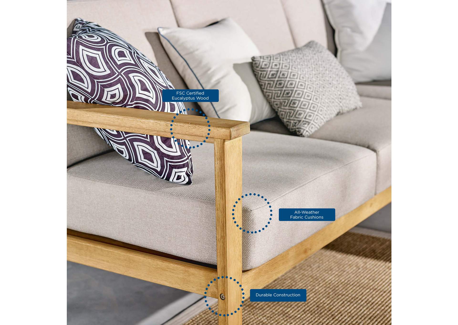 Natural Taupe Sedona Outdoor Patio Eucalyptus Wood Right-Facing Loveseat,Modway