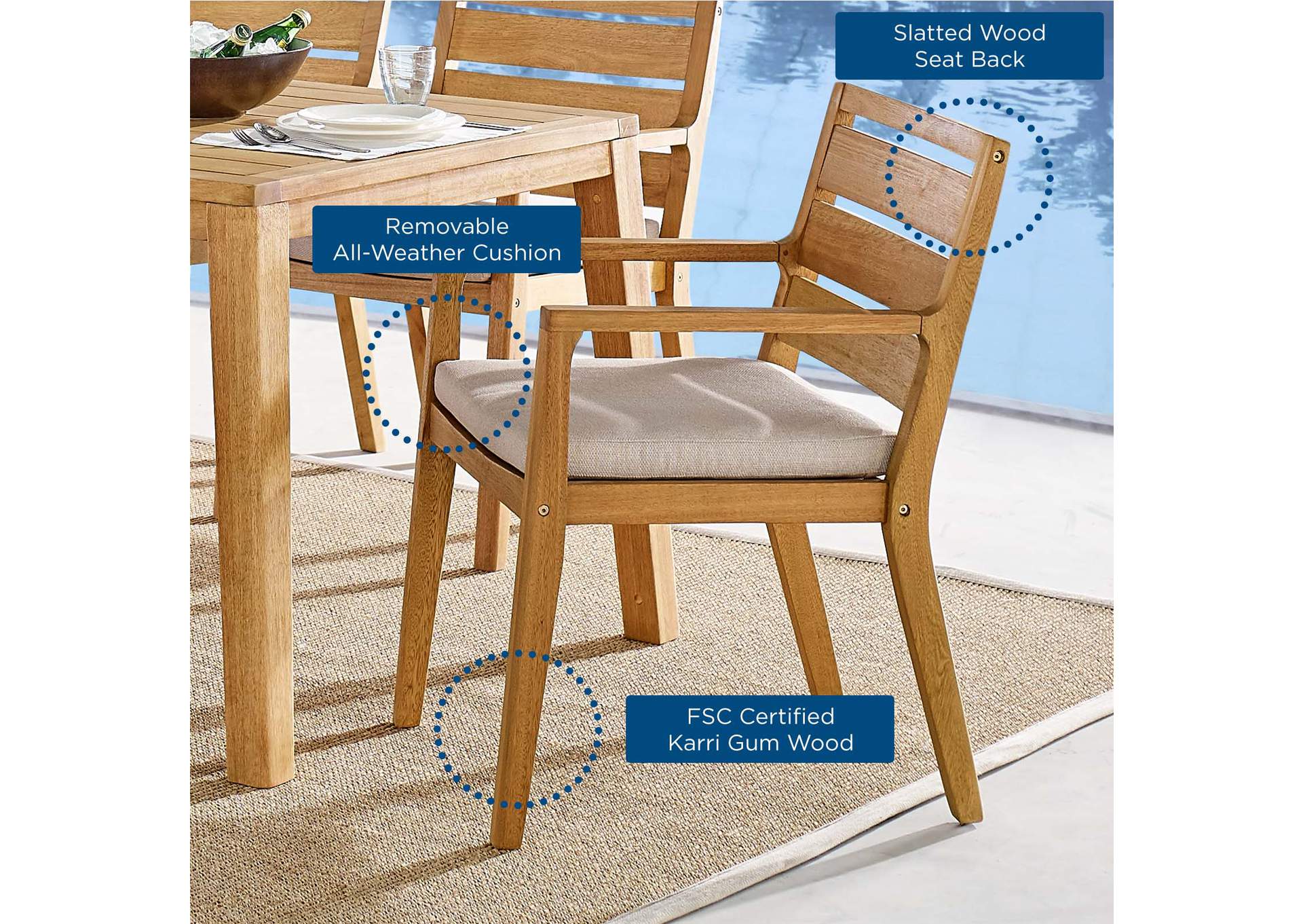Natural Taupe Portsmouth Karri Wood Outdoor Patio Arm Dining Chair,Modway