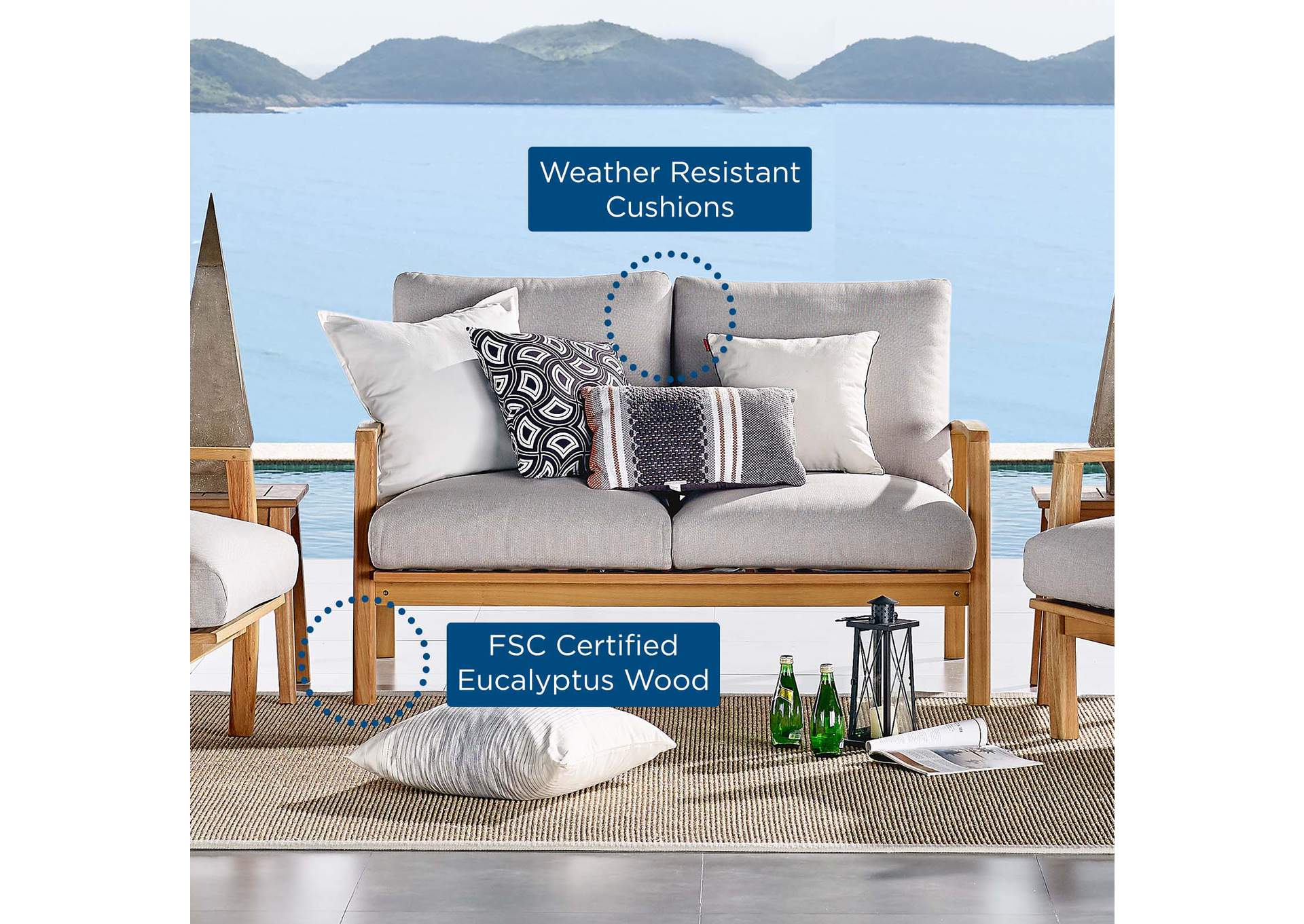 Natural Light Gray Orlean Outdoor Patio Eucalyptus Wood Loveseat,Modway