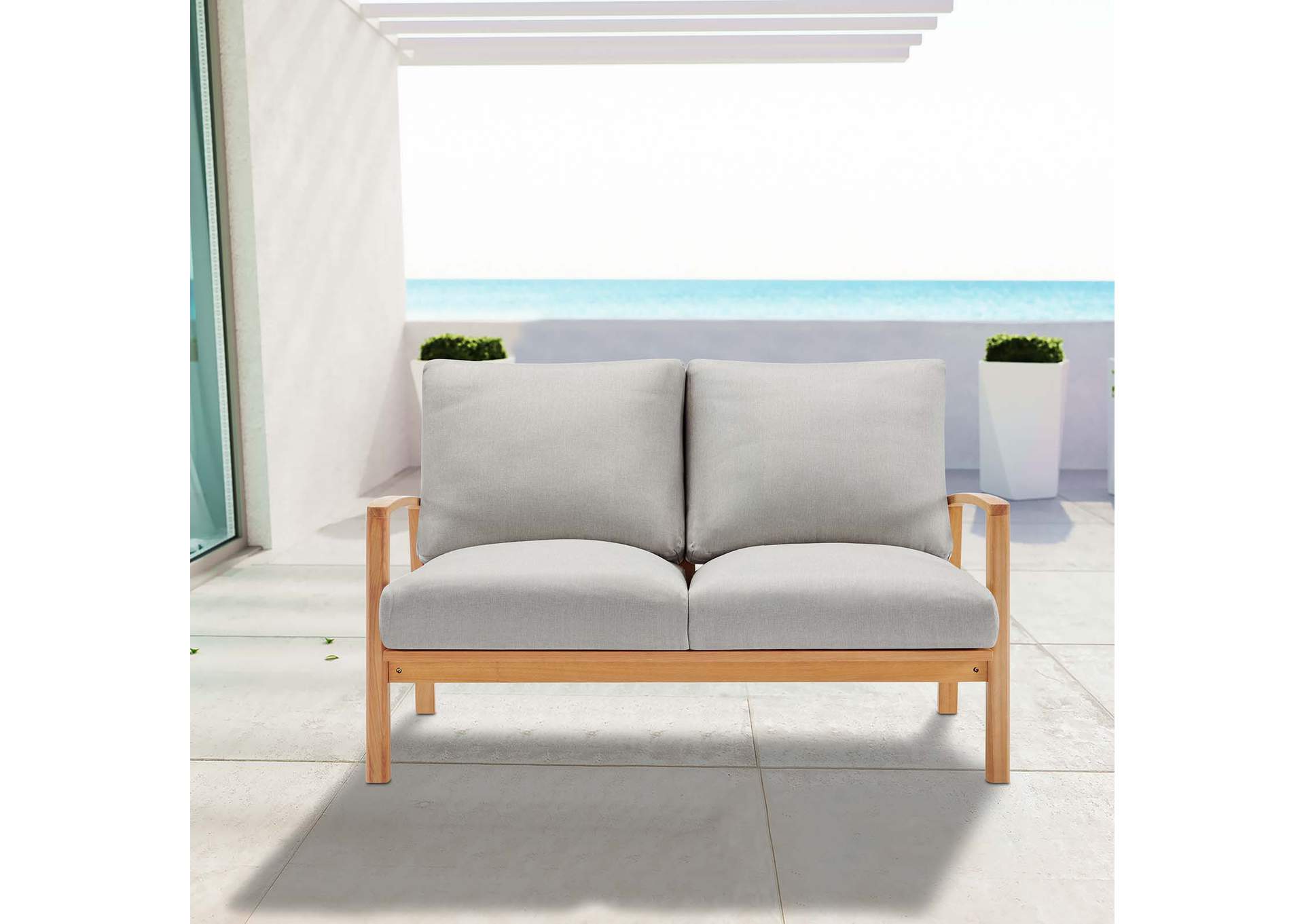 Natural Light Gray Orlean Outdoor Patio Eucalyptus Wood Loveseat,Modway