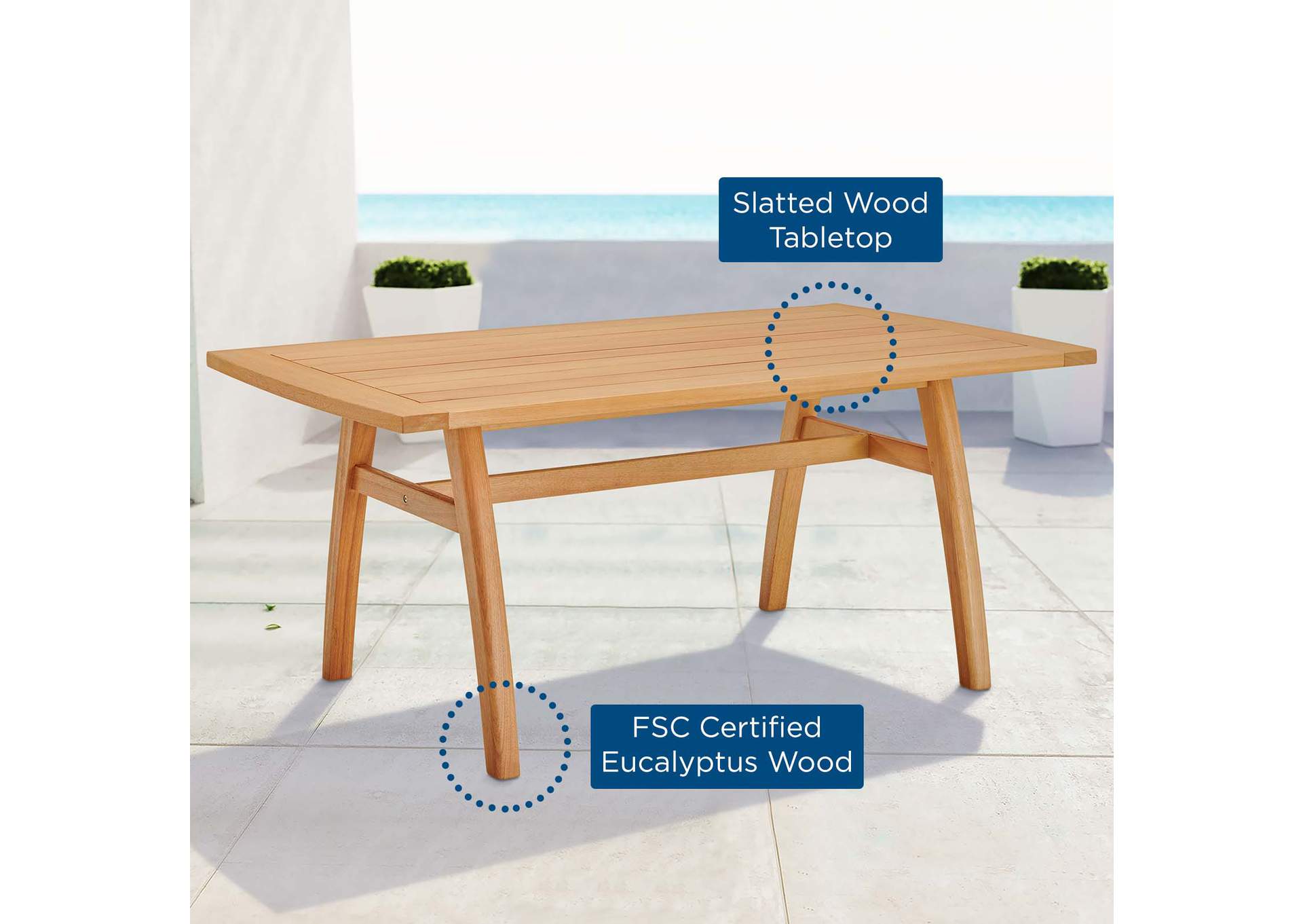 Natural Orlean 57" Outdoor Patio Eucalyptus Wood Dining Table,Modway