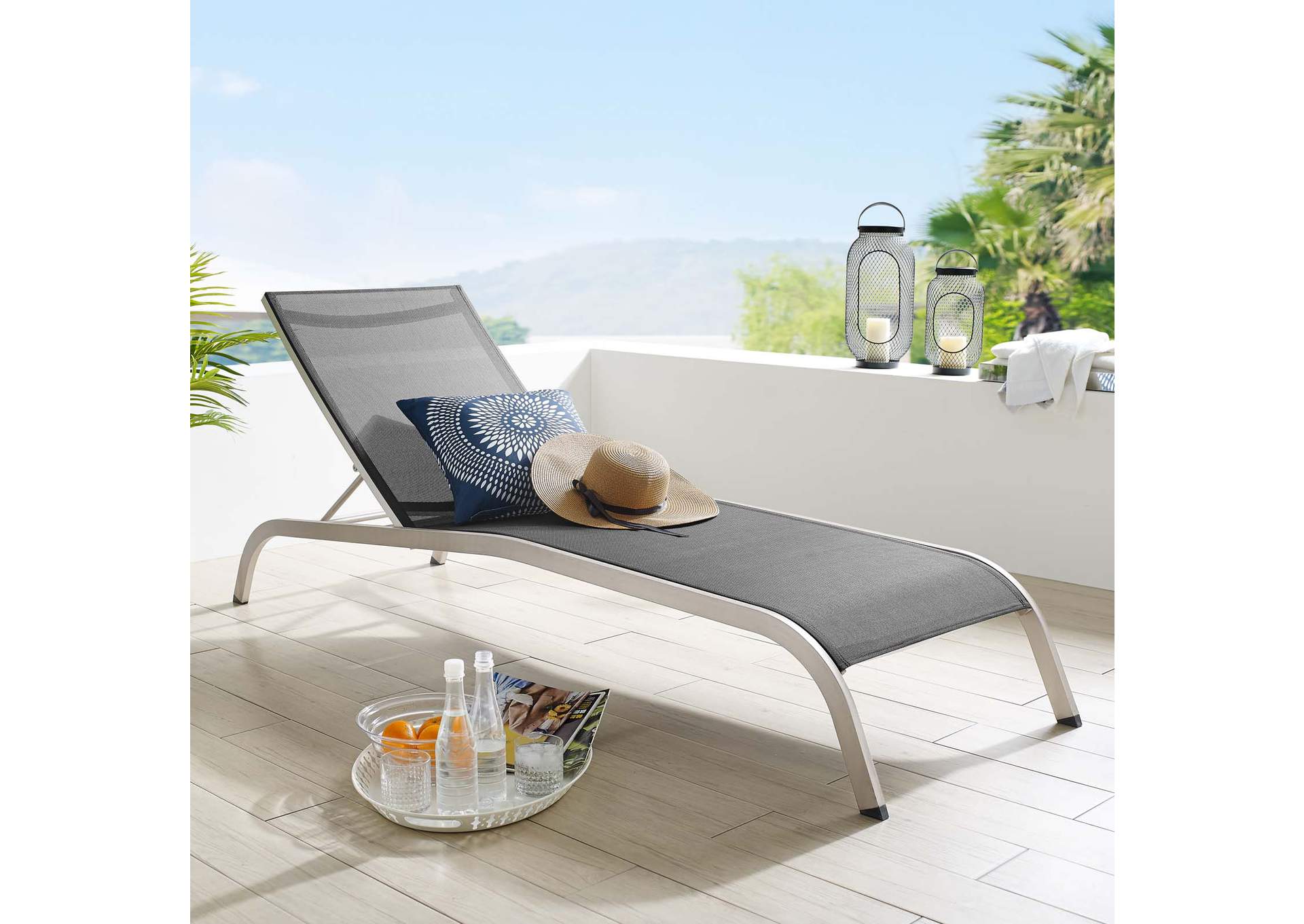 Black Savannah Mesh Chaise Outdoor Patio Aluminum Lounge Chair,Modway