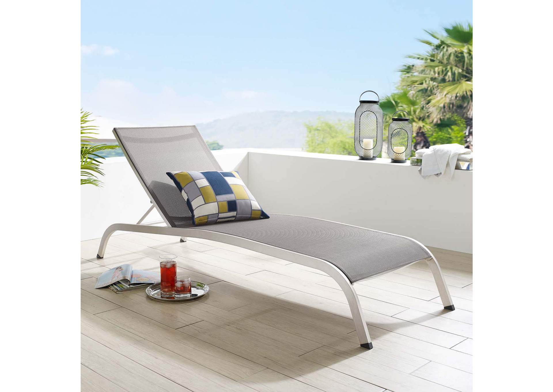 Gray Savannah Mesh Chaise Outdoor Patio Aluminum Lounge Chair,Modway