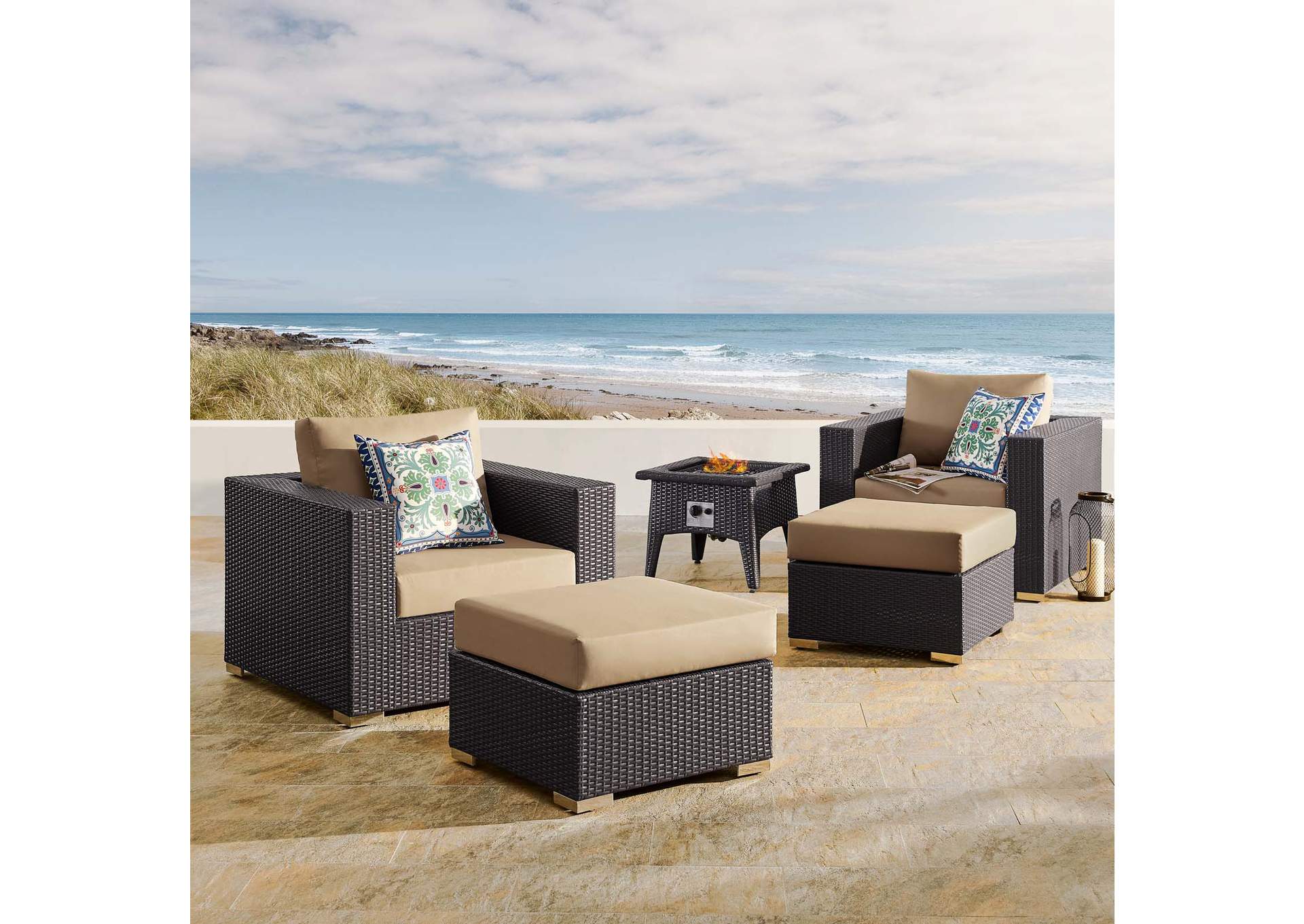 Espresso Mocha Convene 5 Piece Set Outdoor Patio with Fire Pit,Modway