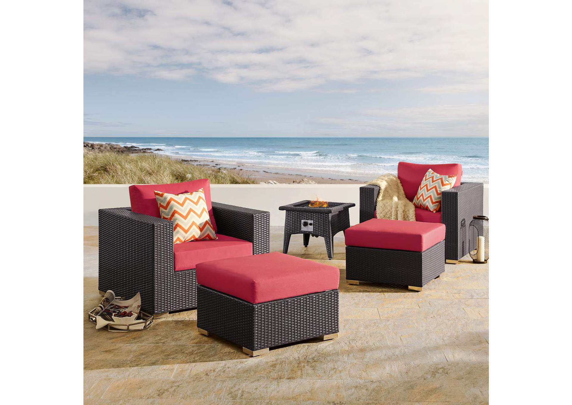 Espresso Red Convene 5 Piece Set Outdoor Patio with Fire Pit,Modway