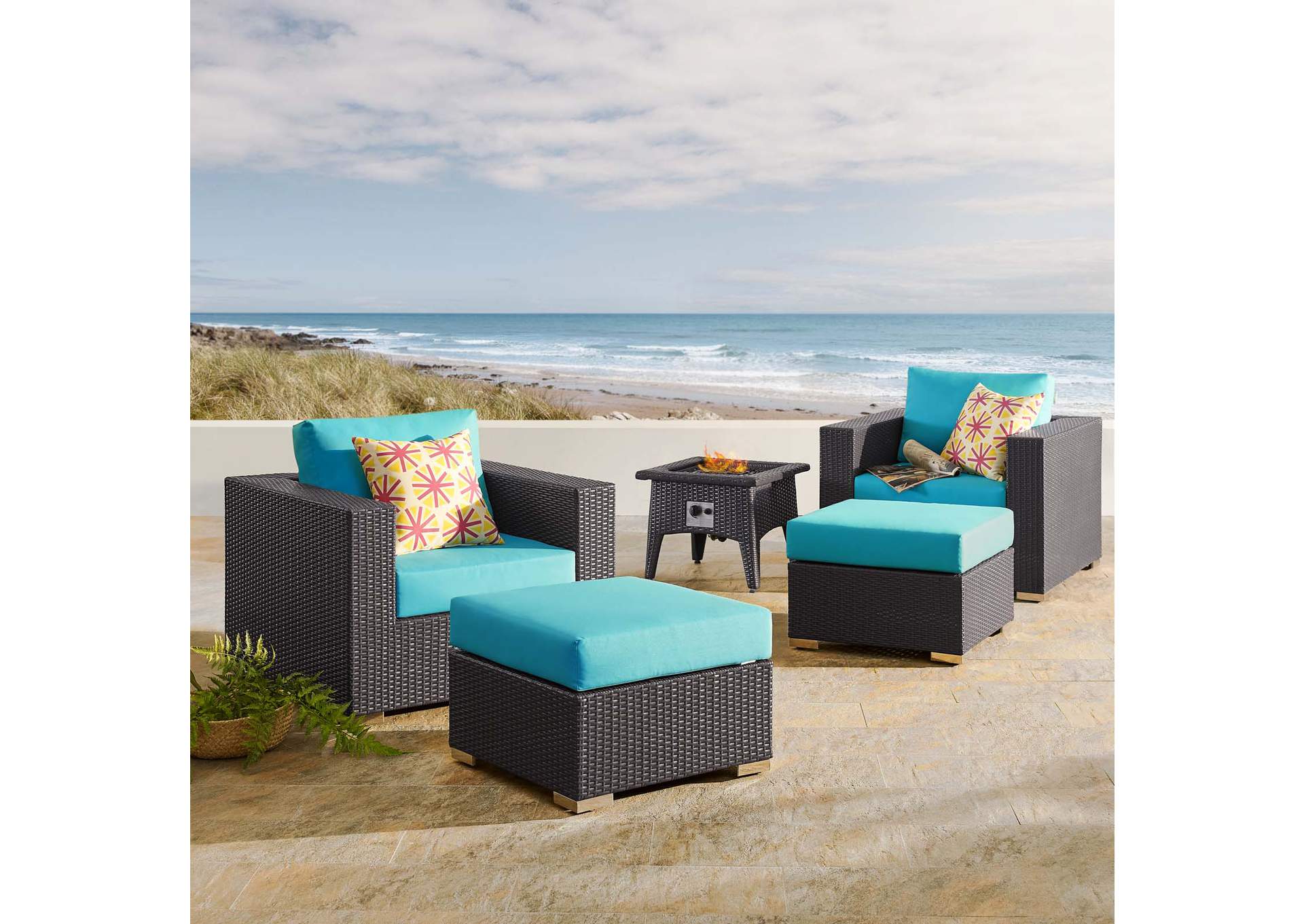 Espresso Turquois Convene 5 Piece Set Outdoor Patio with Fire Pit,Modway