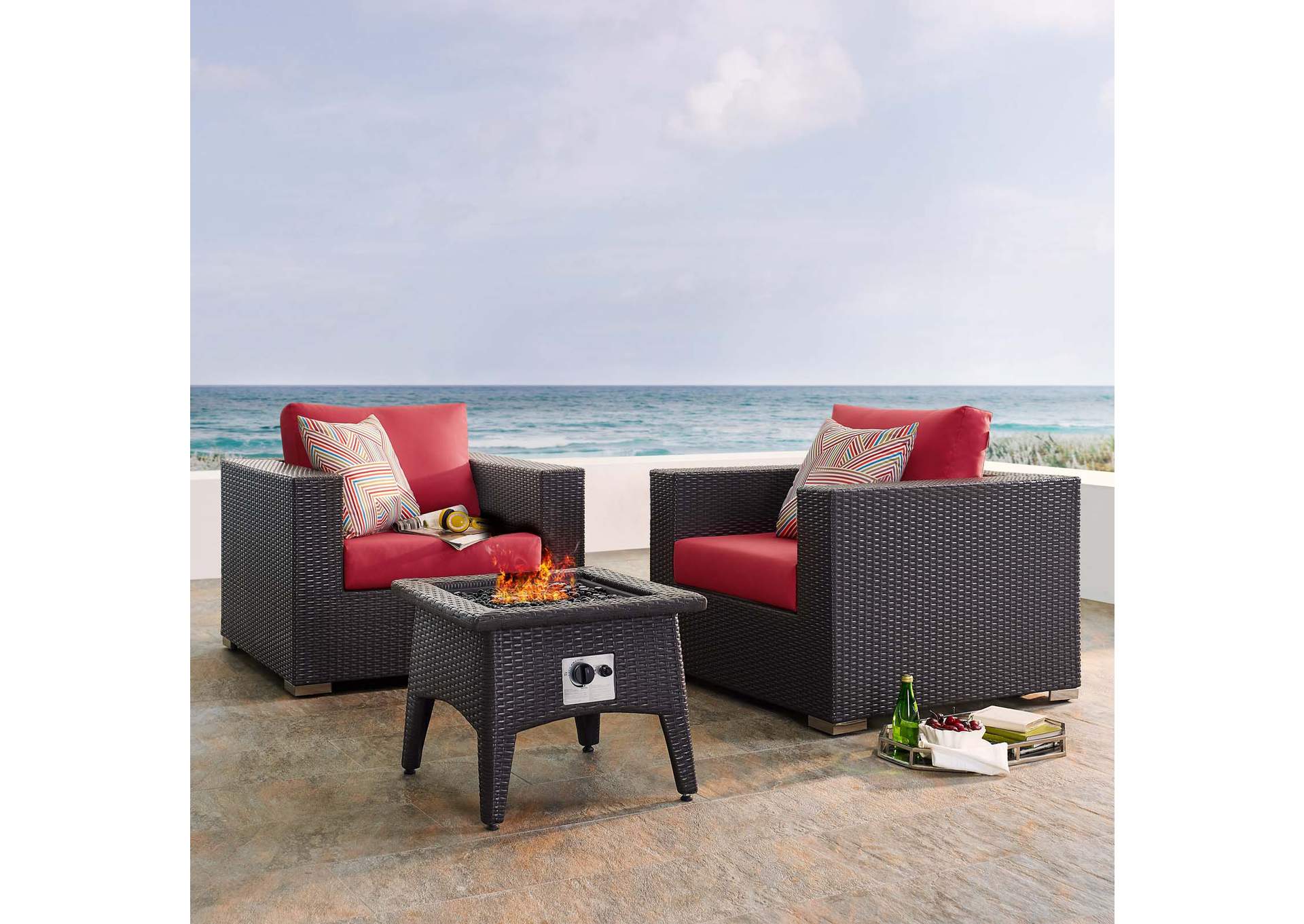 Espresso Red Convene 3 Piece Set Outdoor Patio with Fire Pit,Modway