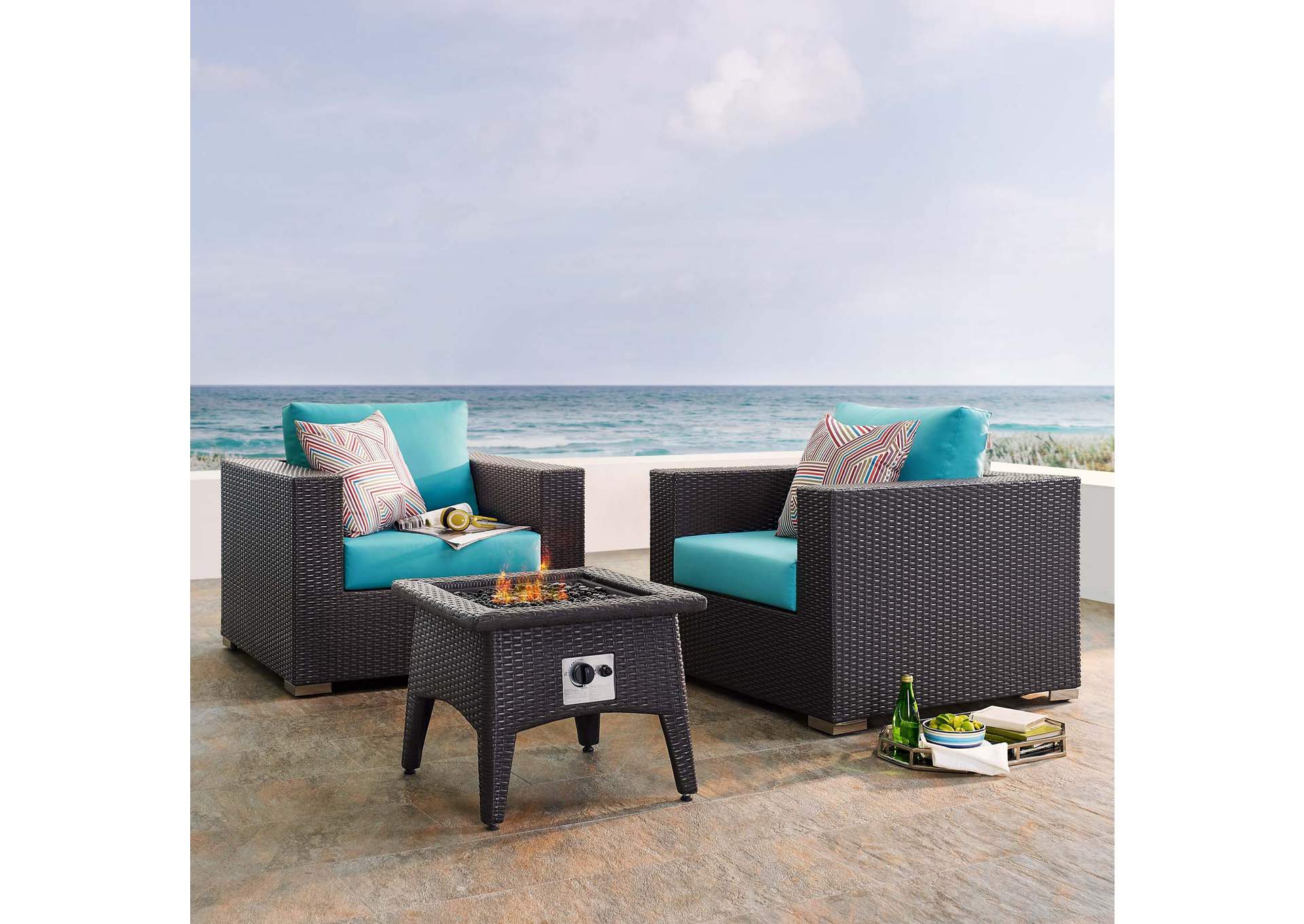 Espresso Turquois Convene 3 Piece Set Outdoor Patio with Fire Pit,Modway