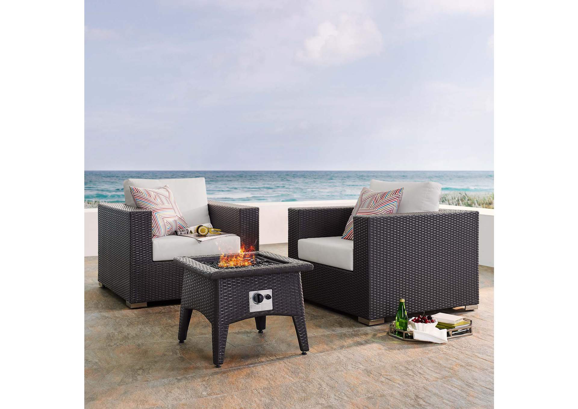 Espresso White Convene 3 Piece Set Outdoor Patio with Fire Pit,Modway